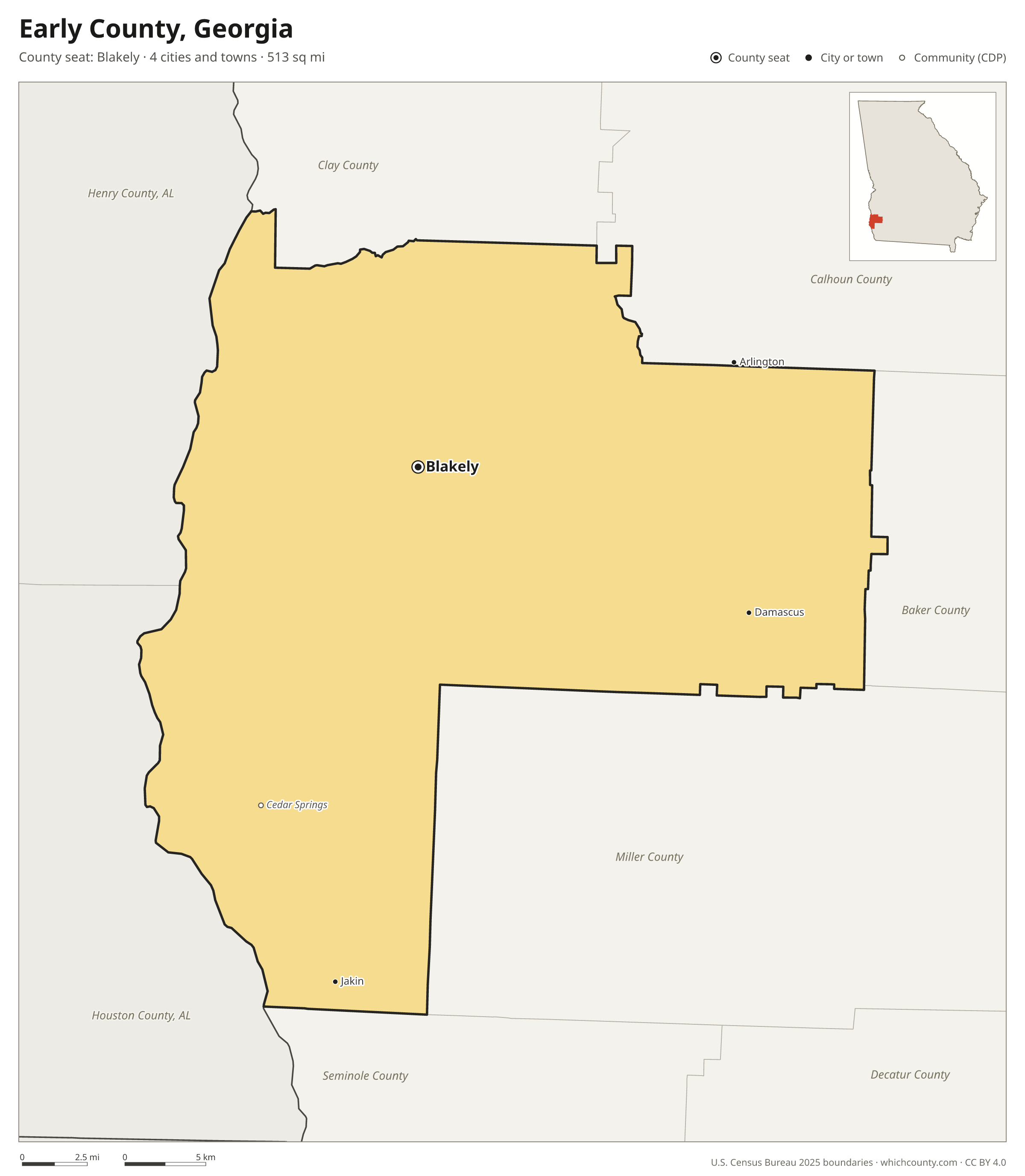 Map of Early County, Georgia with cities, towns and the county boundary