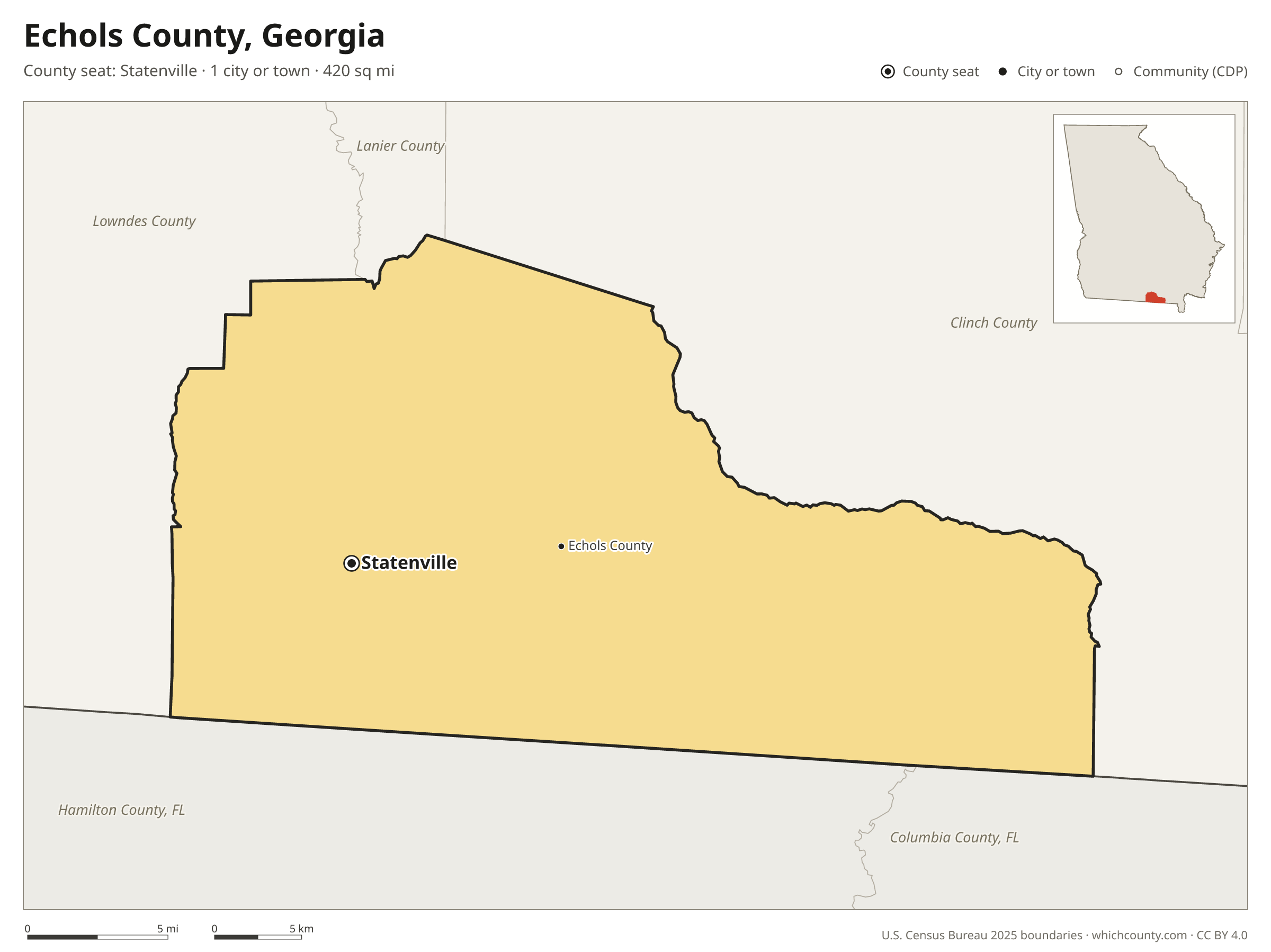 Map of Echols County, Georgia with cities, towns and the county boundary