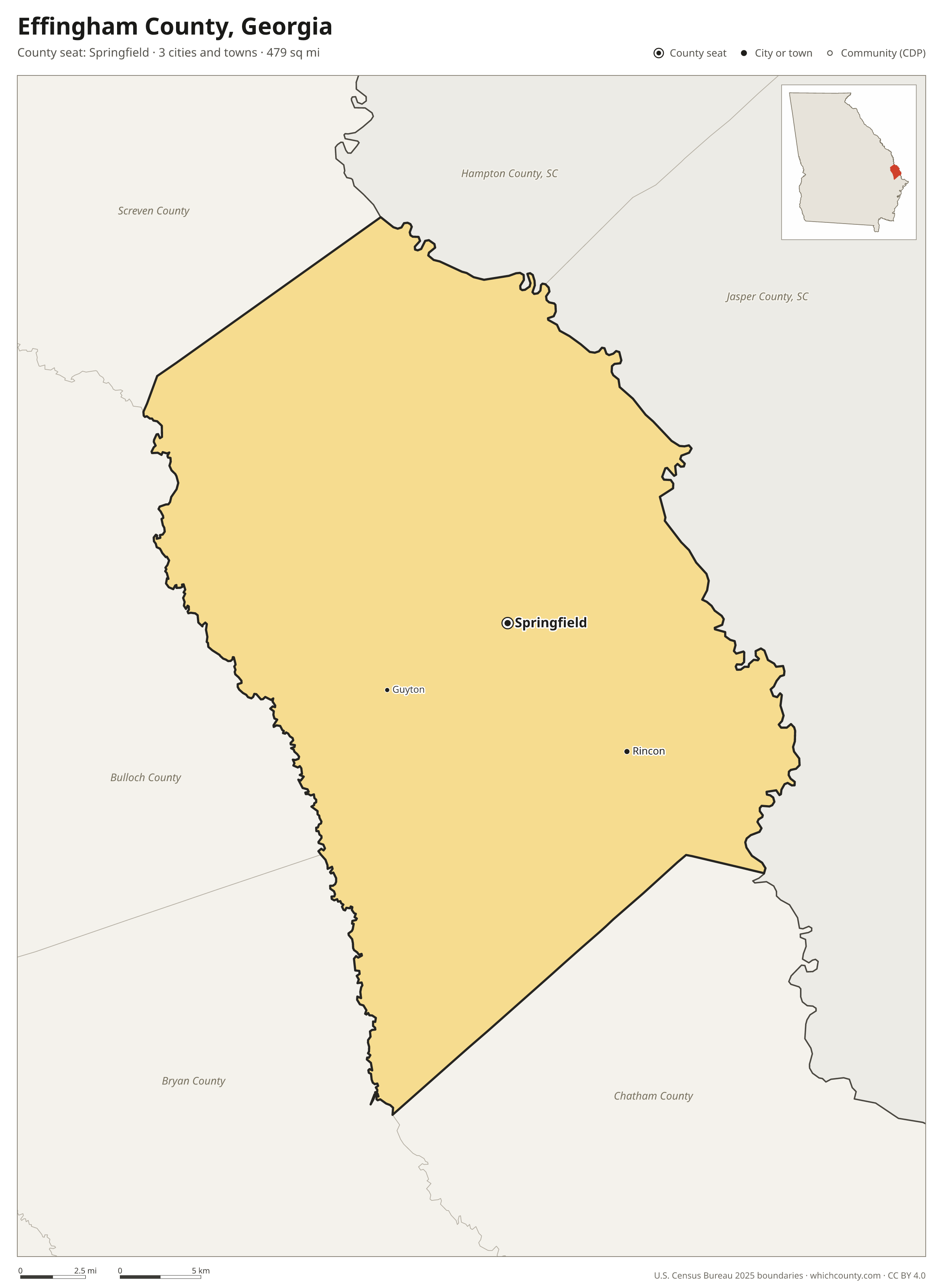 Map of Effingham County, Georgia with cities, towns and the county boundary