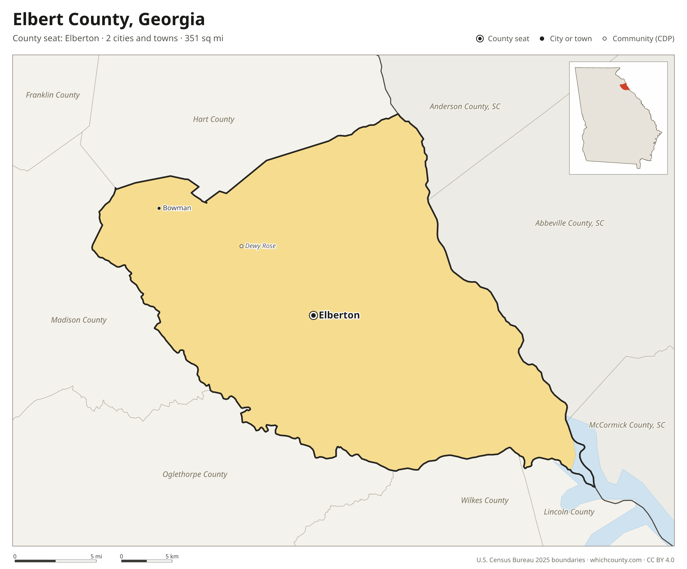 Map of Elbert County, Georgia with cities, towns and the county boundary