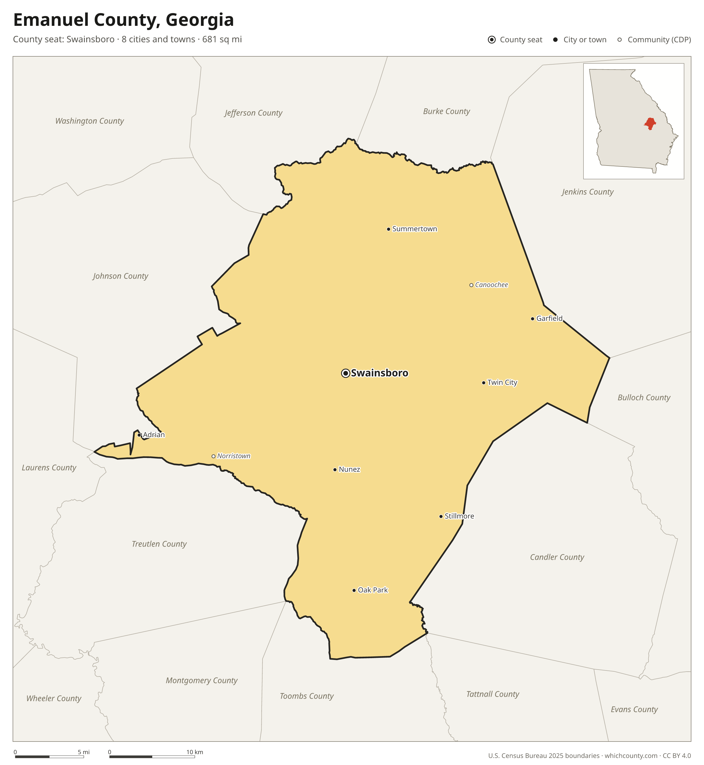 Map of Emanuel County, Georgia with cities, towns and the county boundary