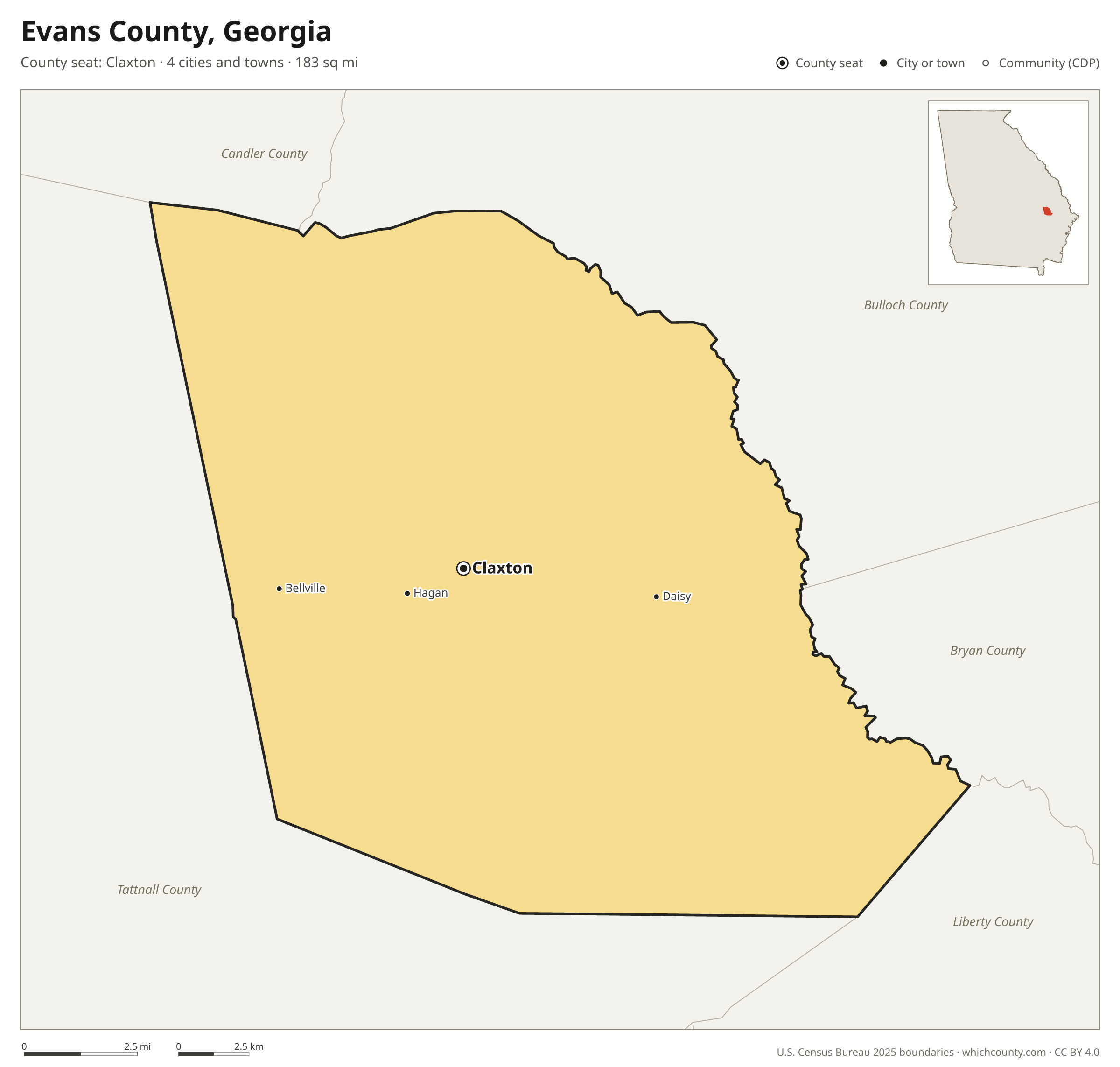 Map of Evans County, Georgia with cities, towns and the county boundary