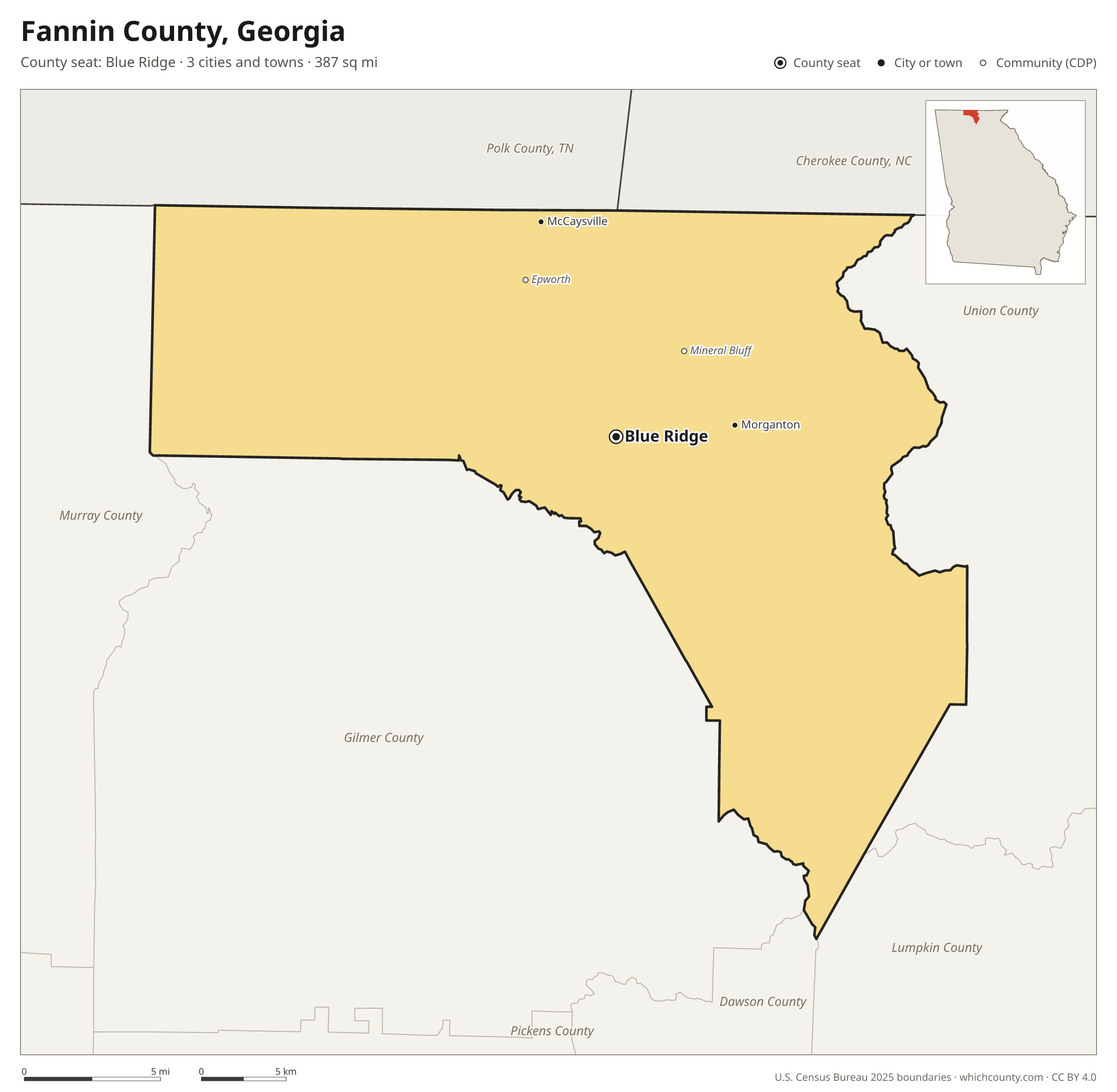 Map of Fannin County, Georgia with cities, towns and the county boundary