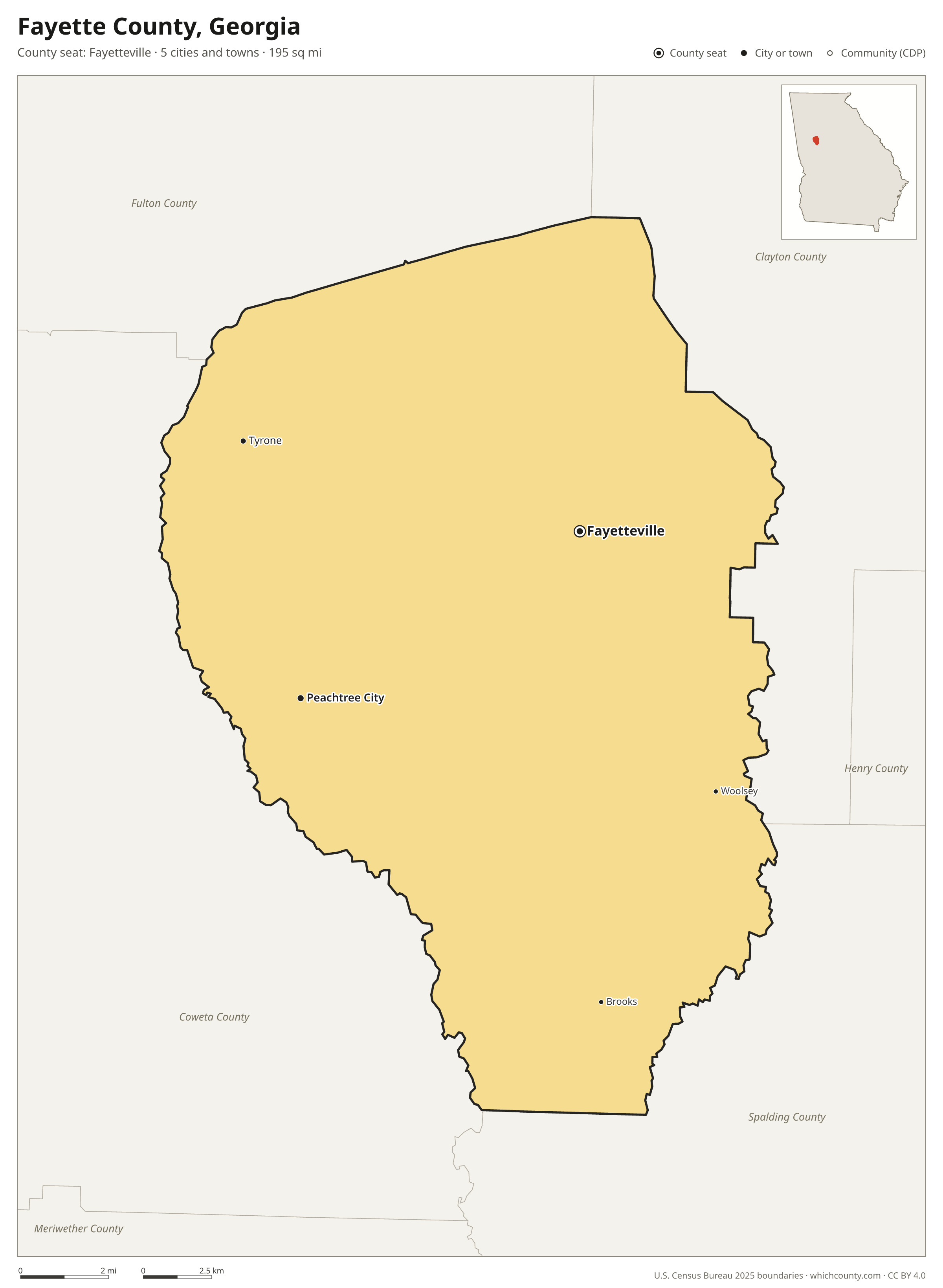 Map of Fayette County, Georgia with cities, towns and the county boundary