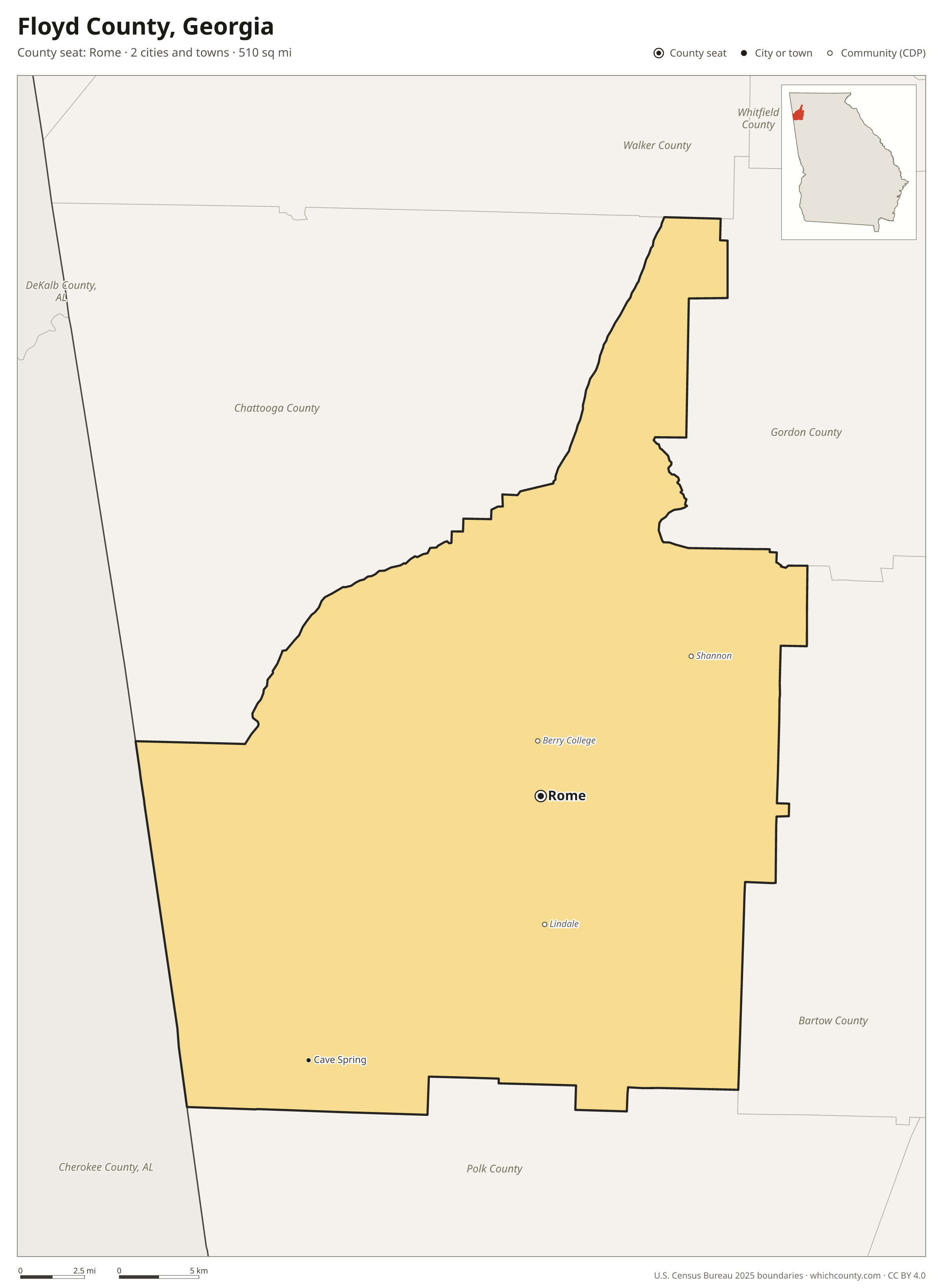 Map of Floyd County, Georgia with cities, towns and the county boundary
