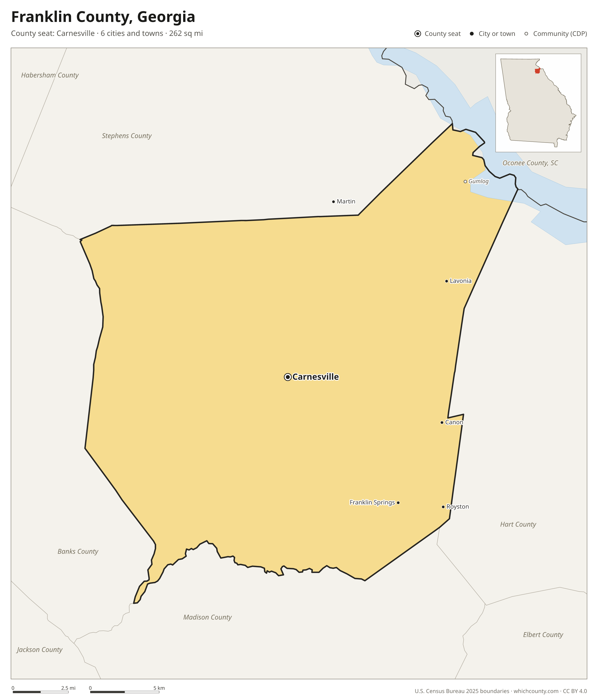 Map of Franklin County, Georgia with cities, towns and the county boundary