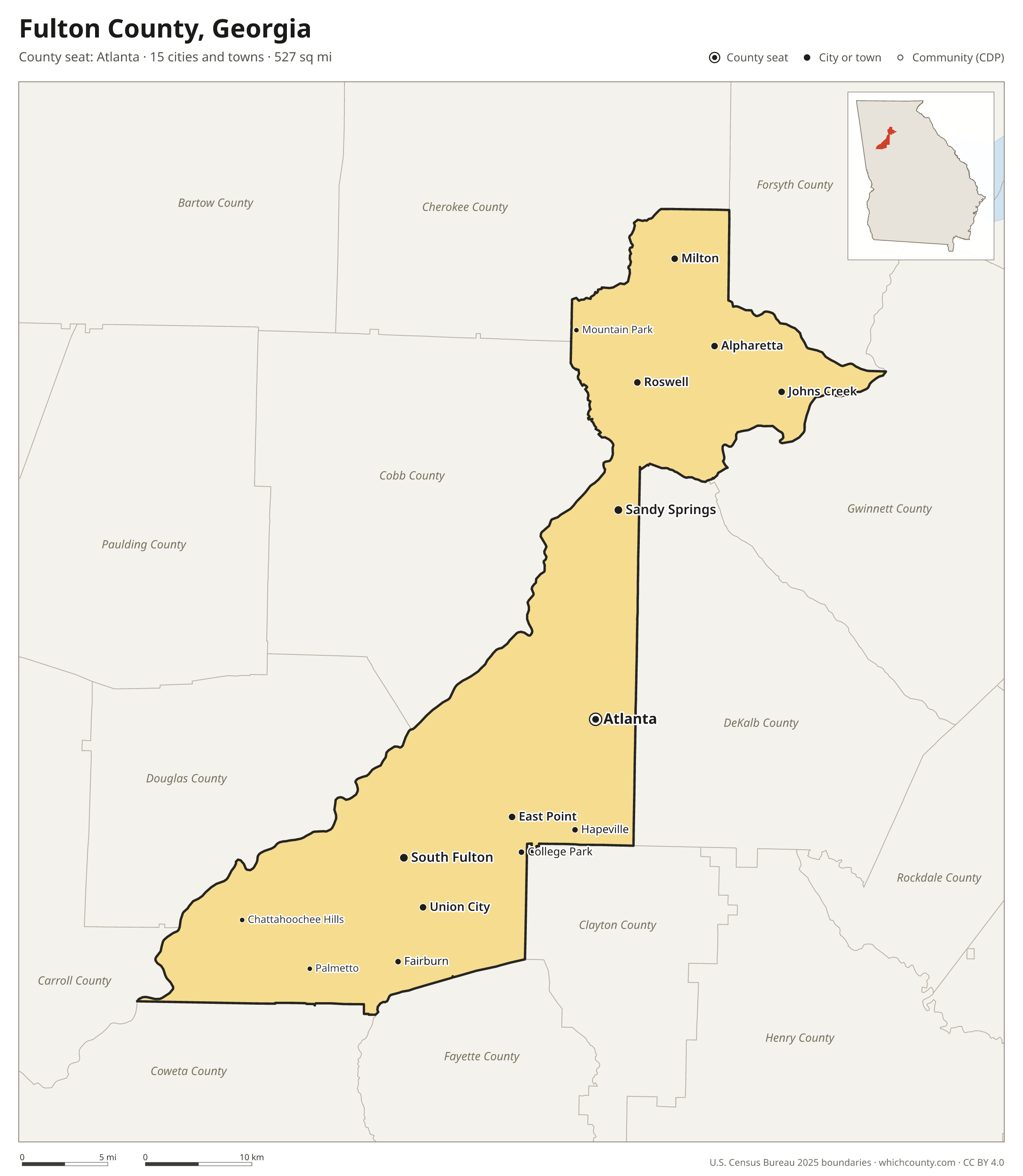Map of Fulton County, Georgia with cities, towns and the county boundary