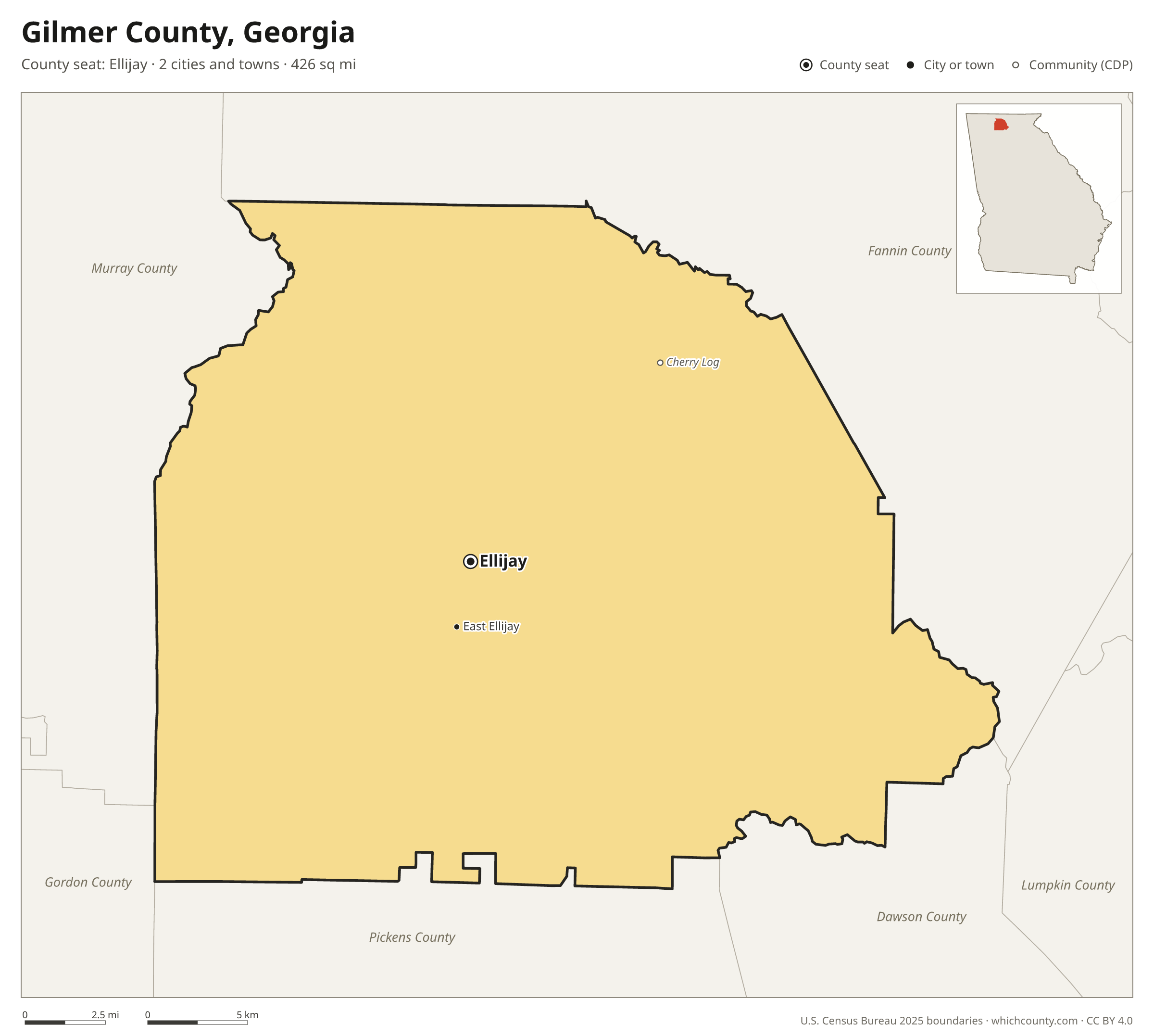 Map of Gilmer County, Georgia with cities, towns and the county boundary