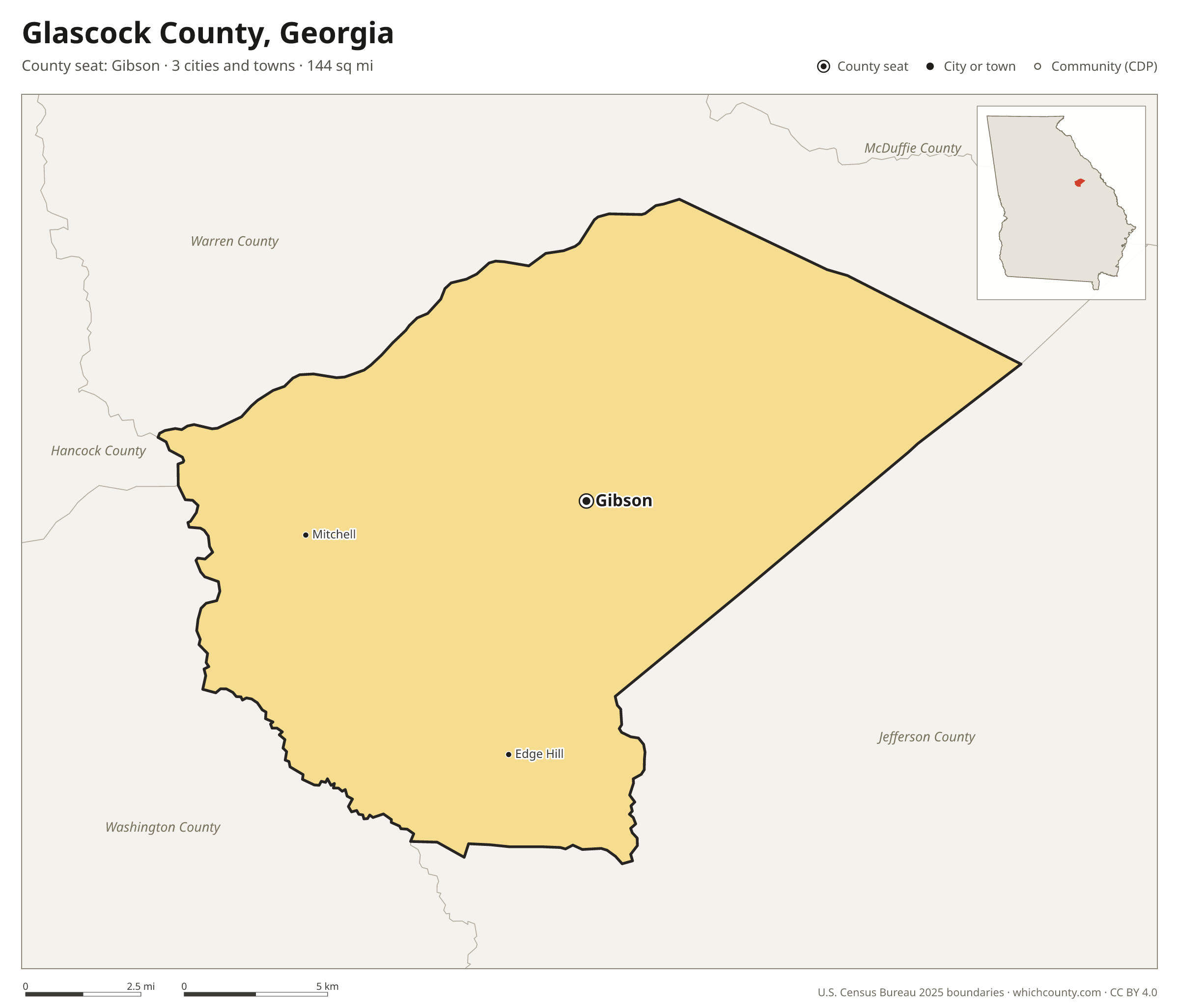 Map of Glascock County, Georgia with cities, towns and the county boundary