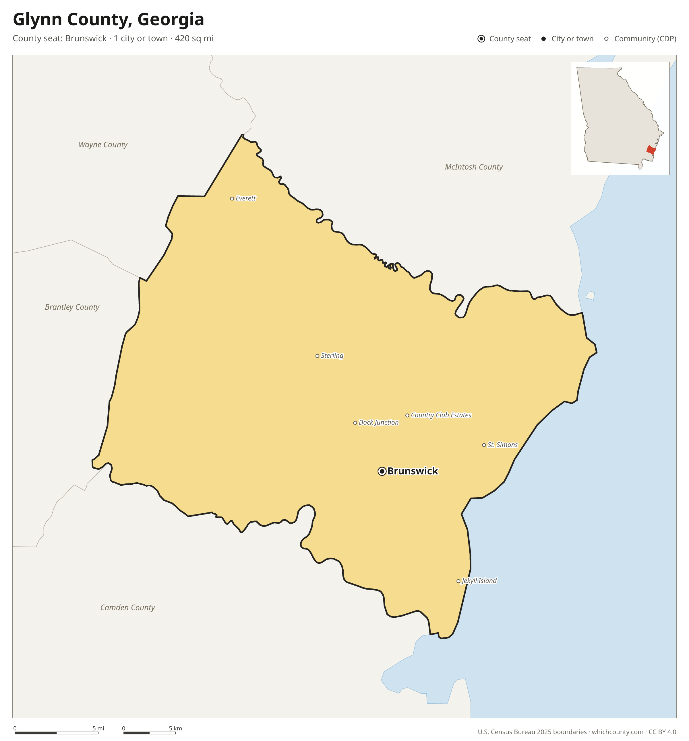 Map of Glynn County, Georgia with cities, towns and the county boundary