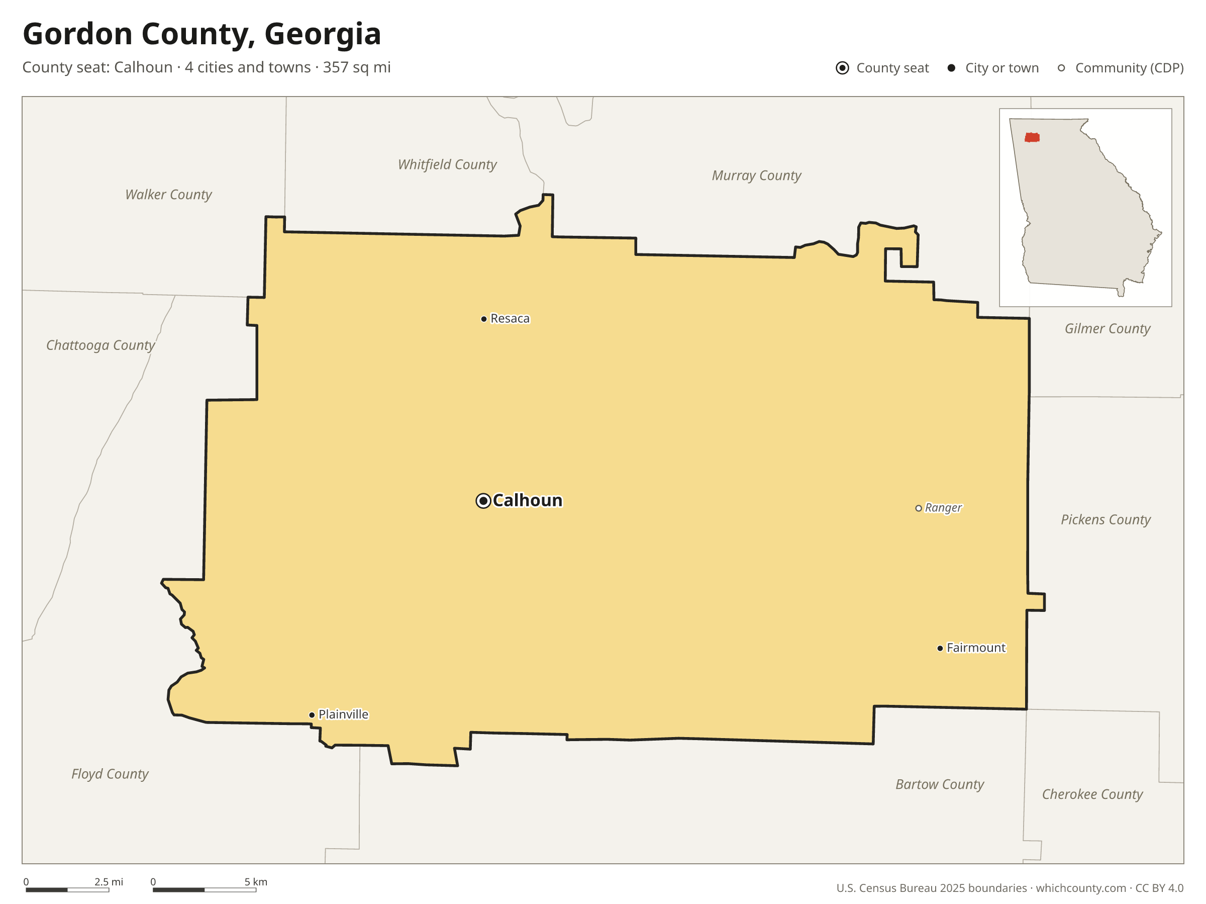 Map of Gordon County, Georgia with cities, towns and the county boundary