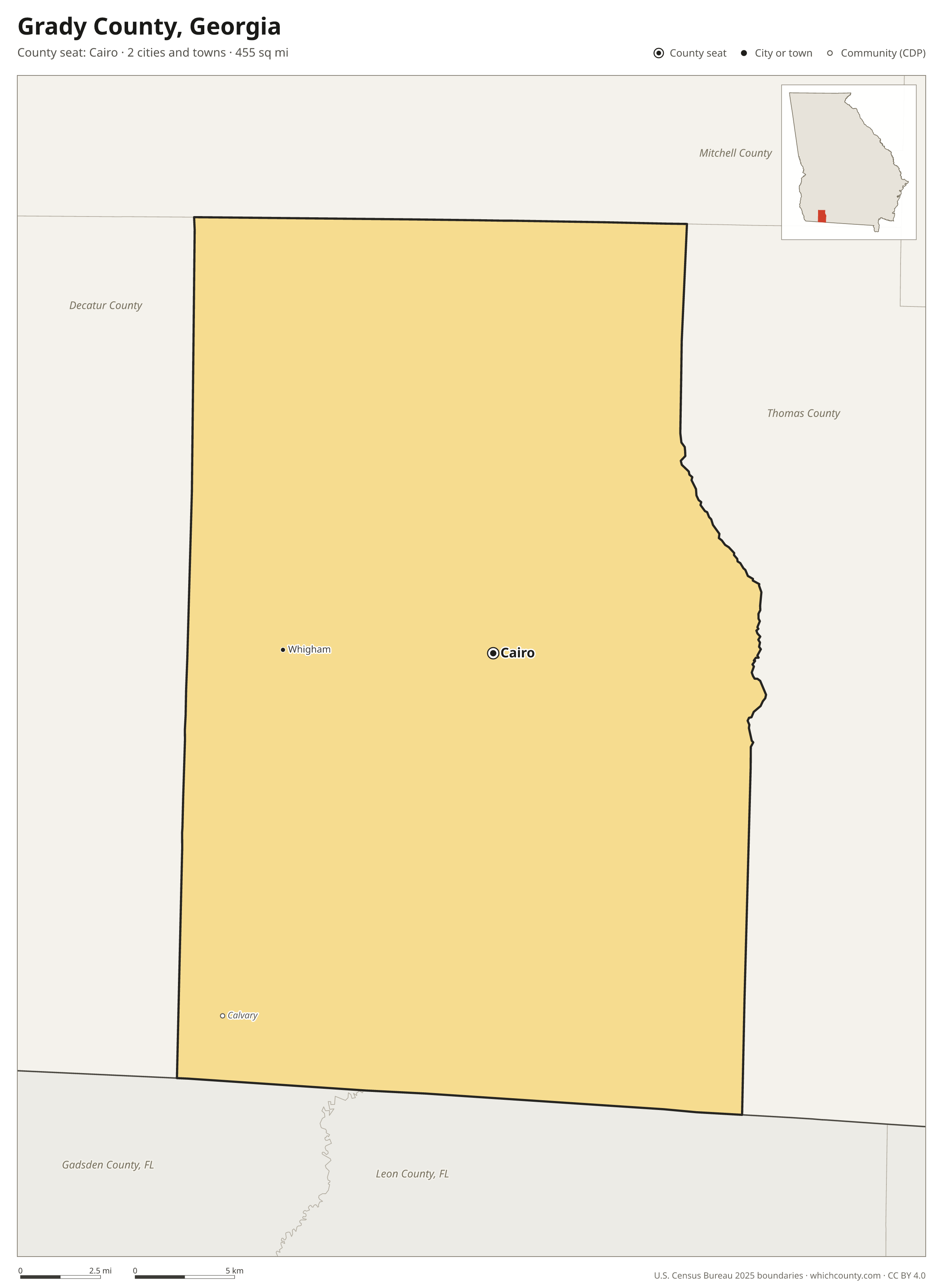 Map of Grady County, Georgia with cities, towns and the county boundary