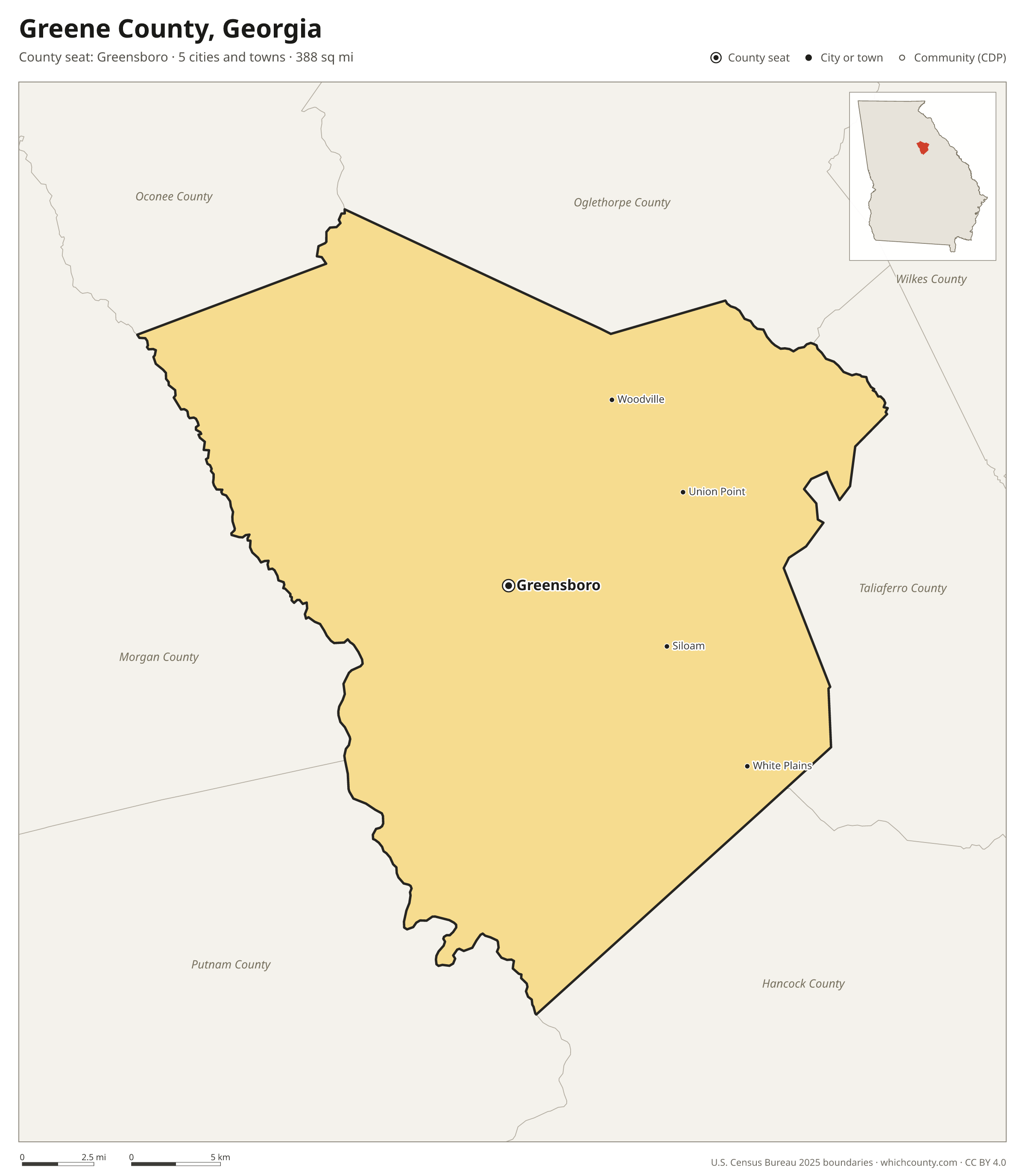 Map of Greene County, Georgia with cities, towns and the county boundary