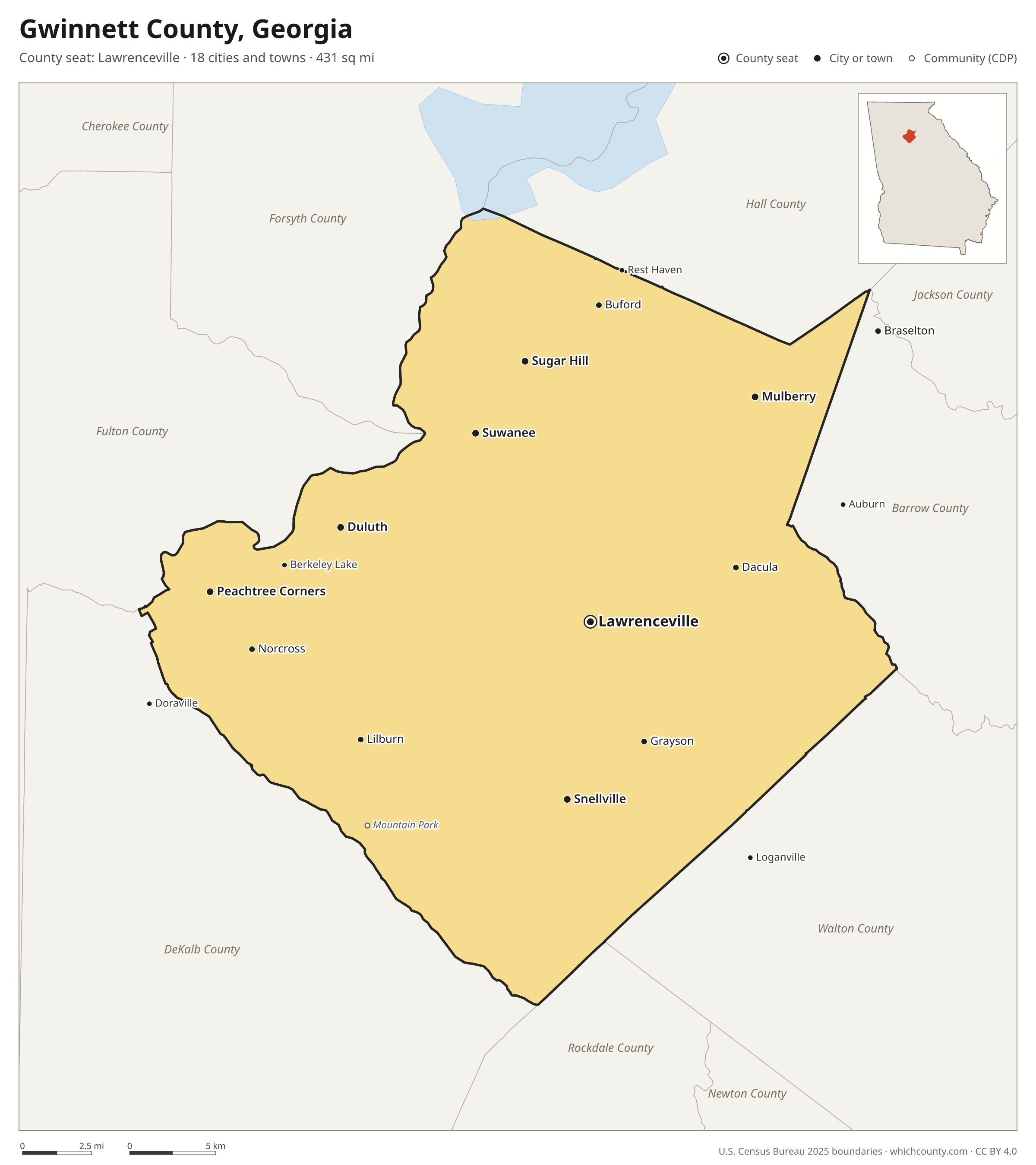 Map of Gwinnett County, Georgia with cities, towns and the county boundary