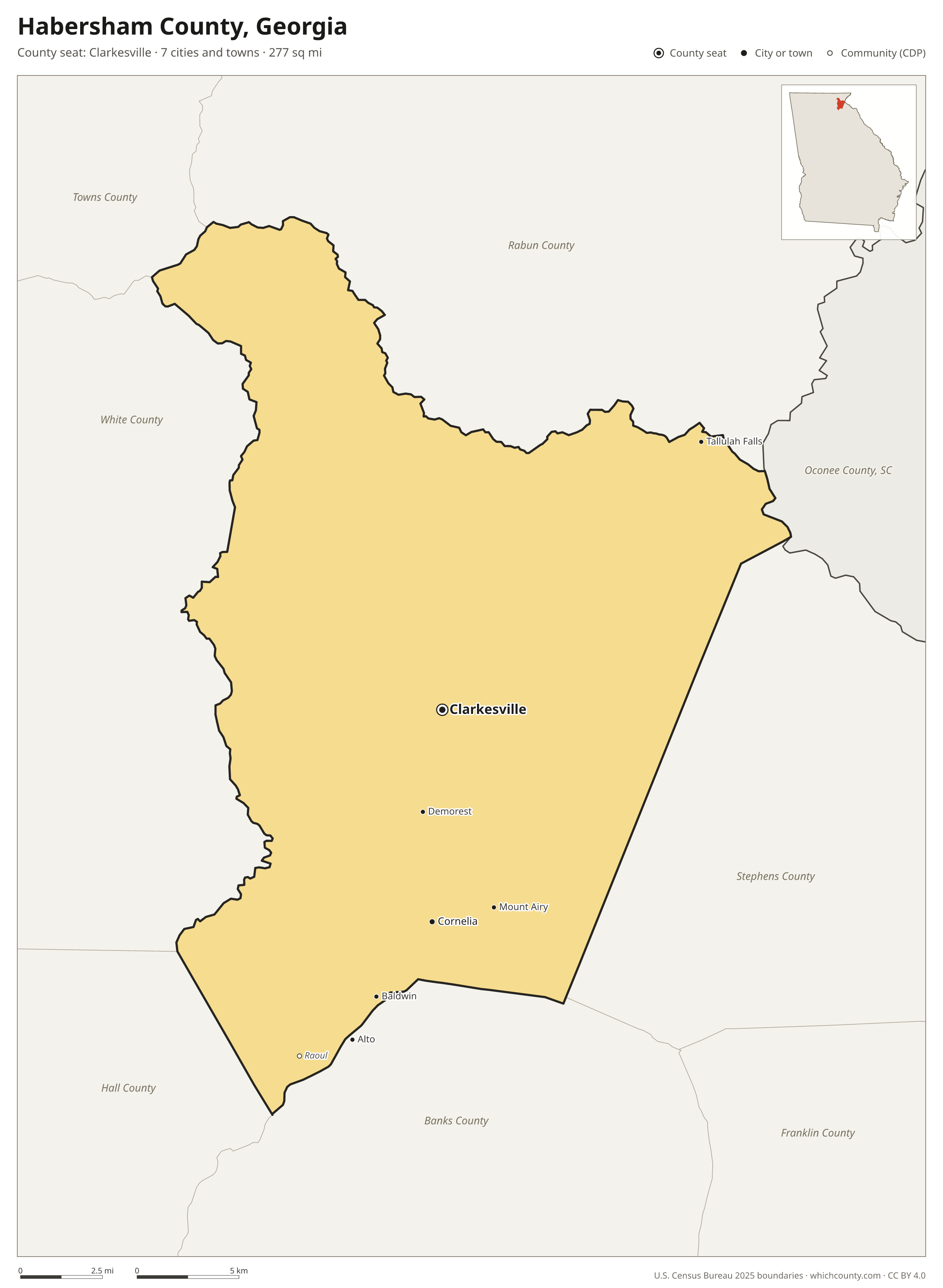 Map of Habersham County, Georgia with cities, towns and the county boundary