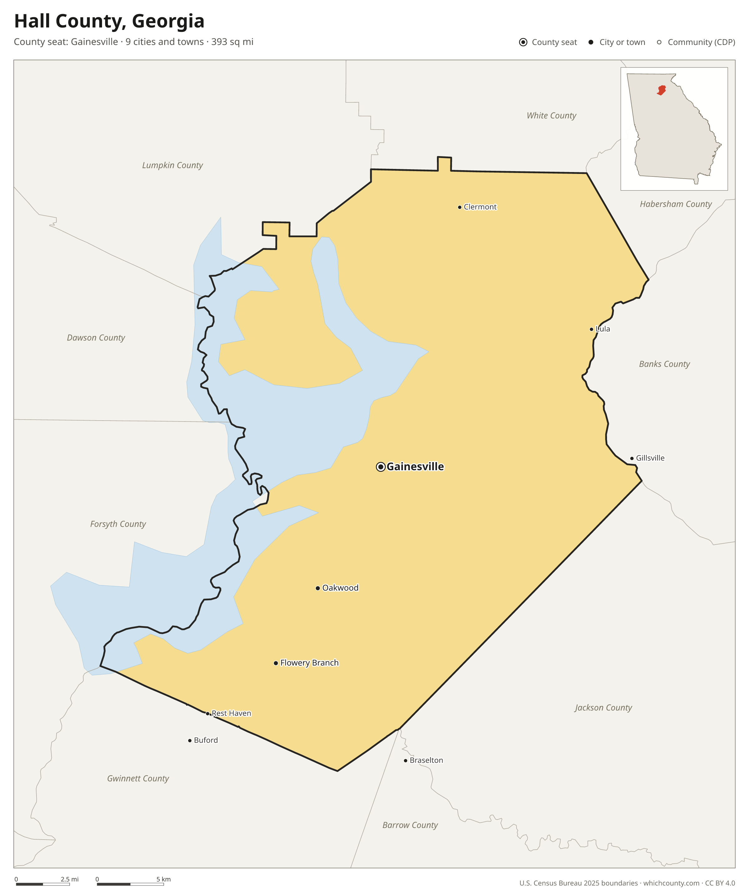 Map of Hall County, Georgia with cities, towns and the county boundary