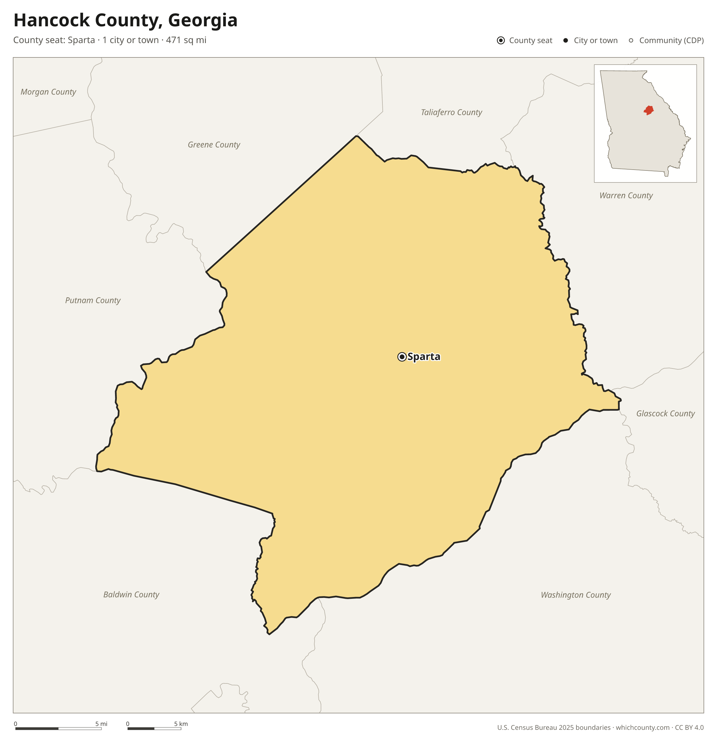 Map of Hancock County, Georgia with cities, towns and the county boundary