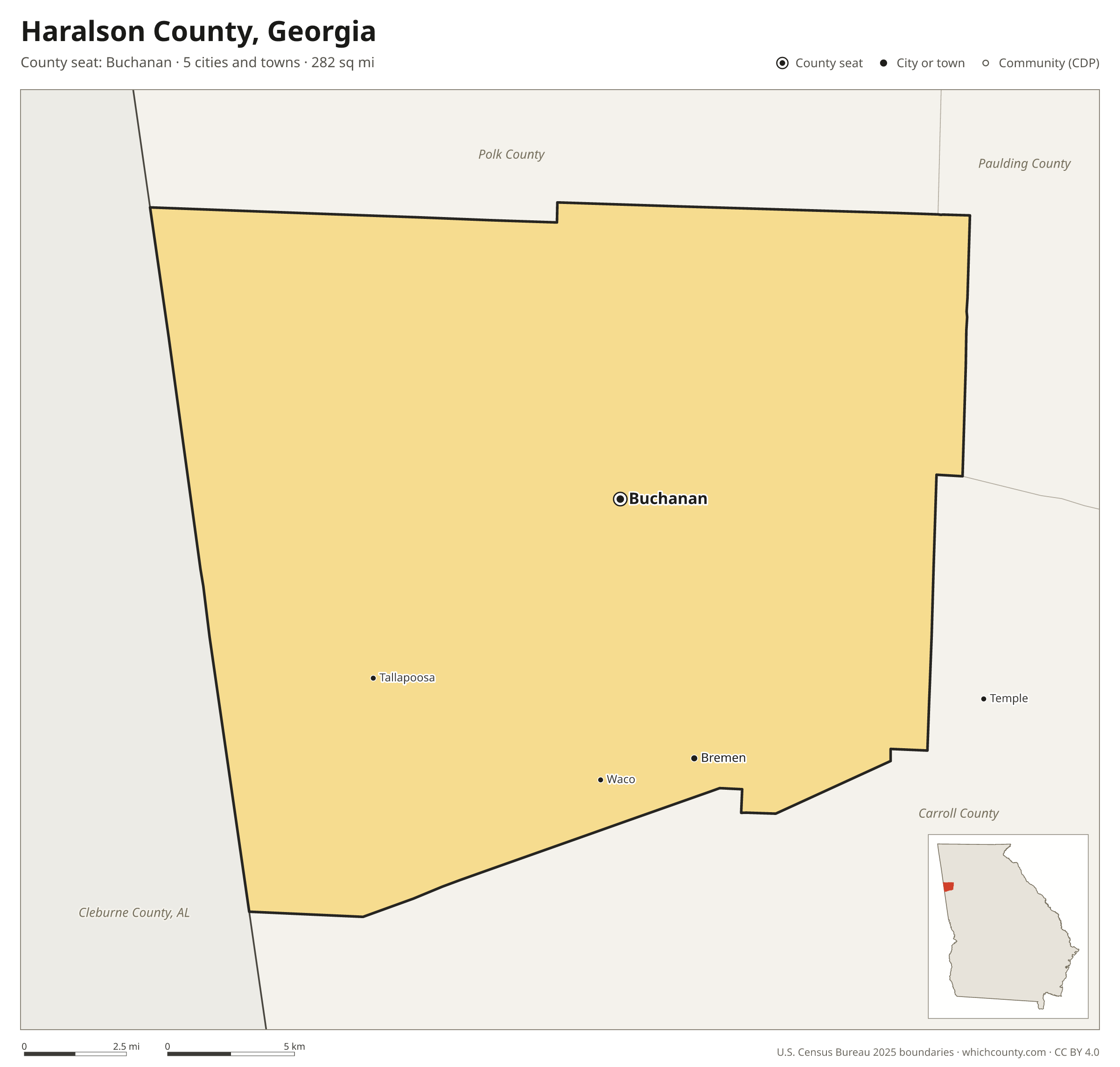 Map of Haralson County, Georgia with cities, towns and the county boundary