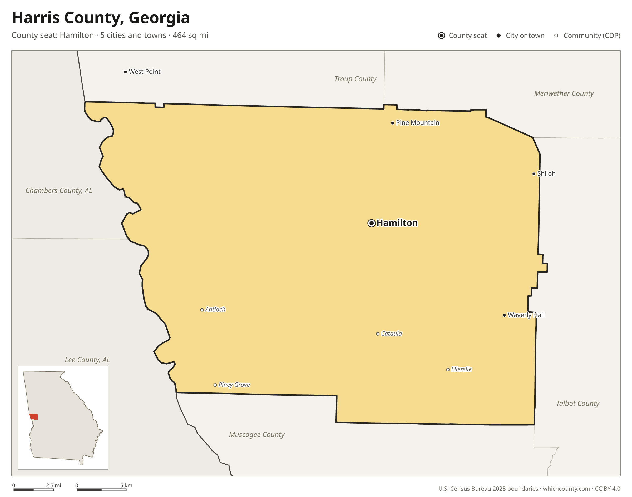 Map of Harris County, Georgia with cities, towns and the county boundary
