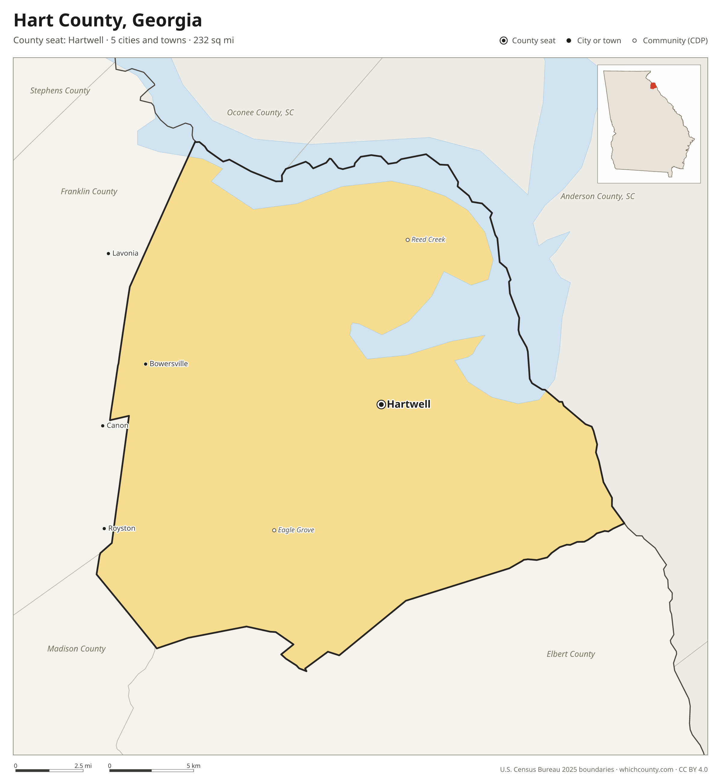Map of Hart County, Georgia with cities, towns and the county boundary