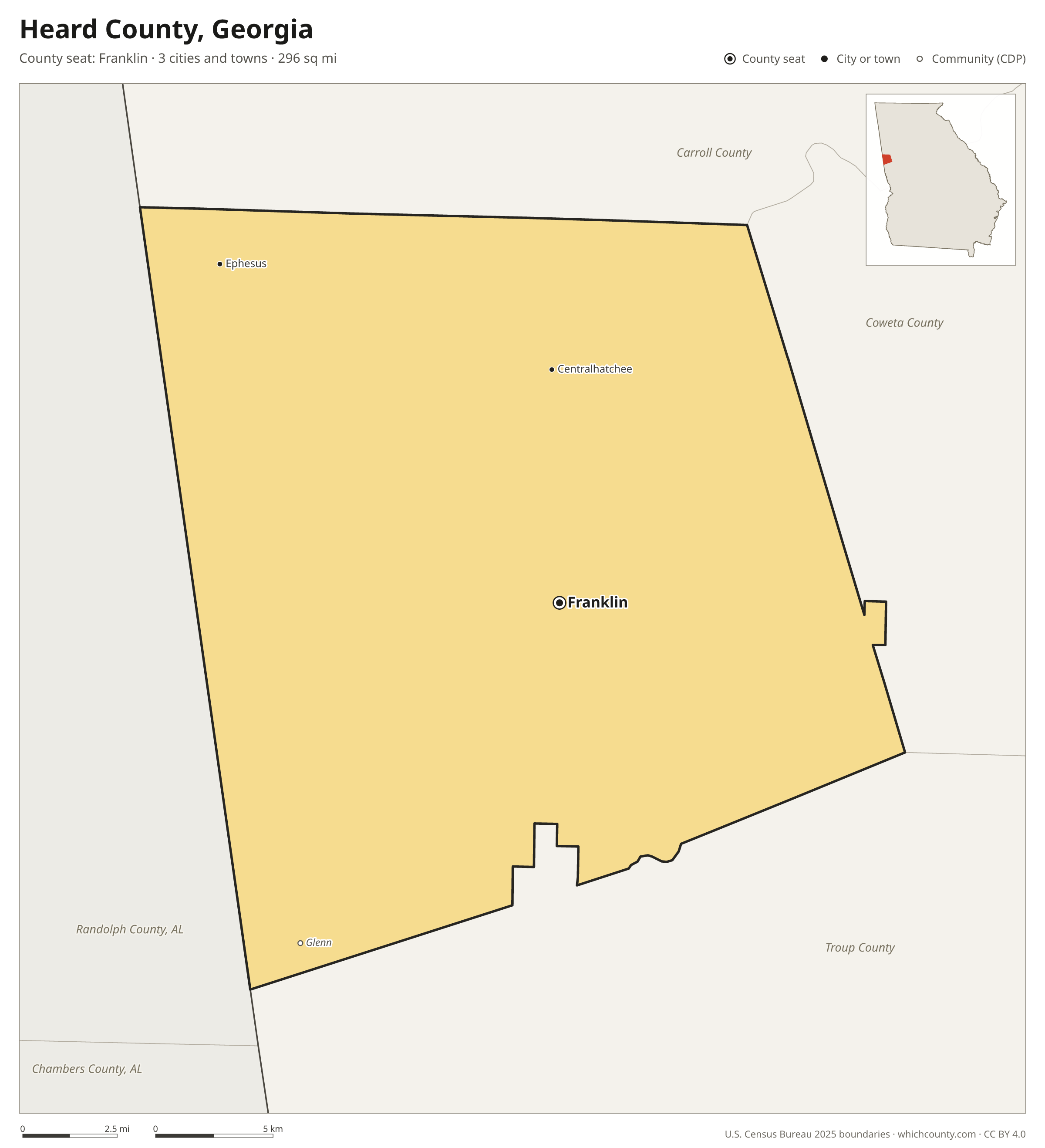 Map of Heard County, Georgia with cities, towns and the county boundary