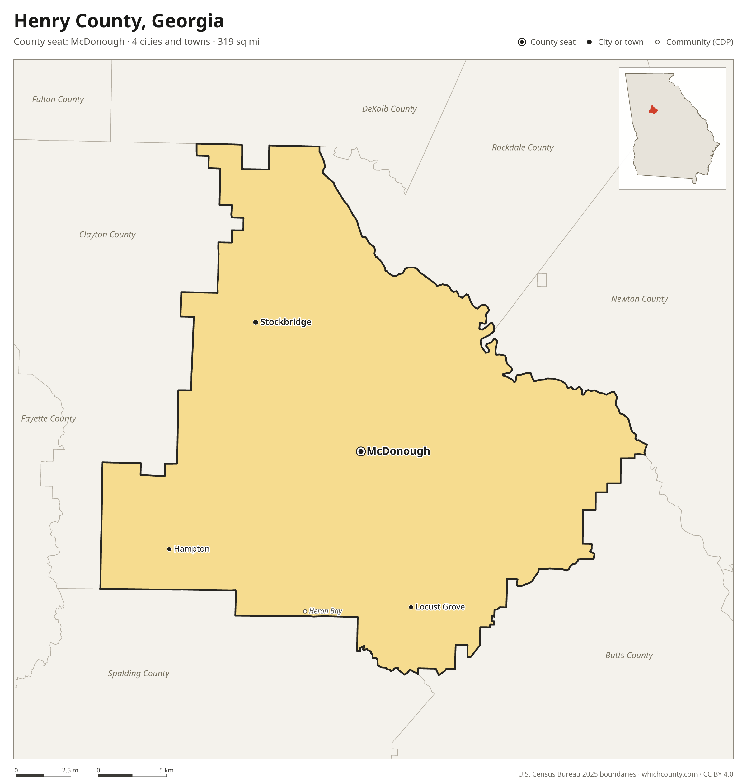 Map of Henry County, Georgia with cities, towns and the county boundary