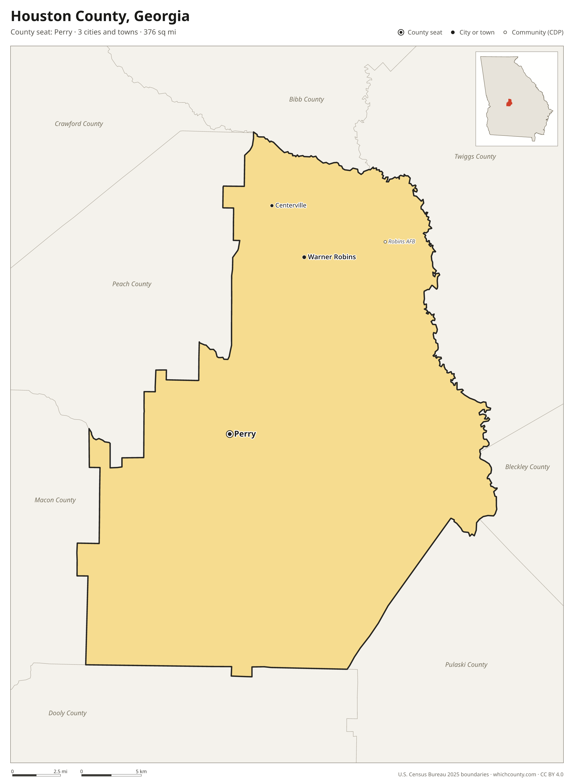 Map of Houston County, Georgia with cities, towns and the county boundary