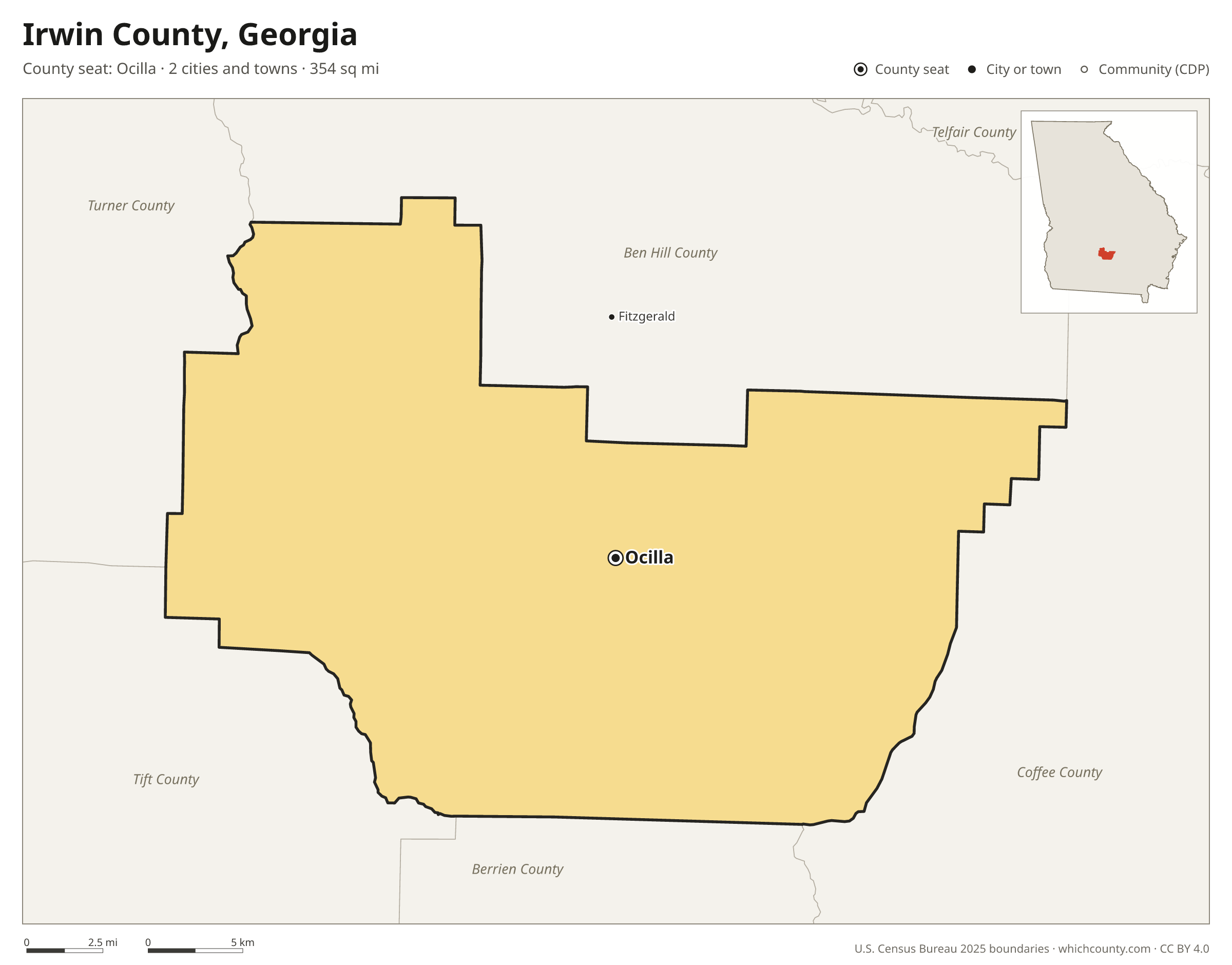 Map of Irwin County, Georgia with cities, towns and the county boundary