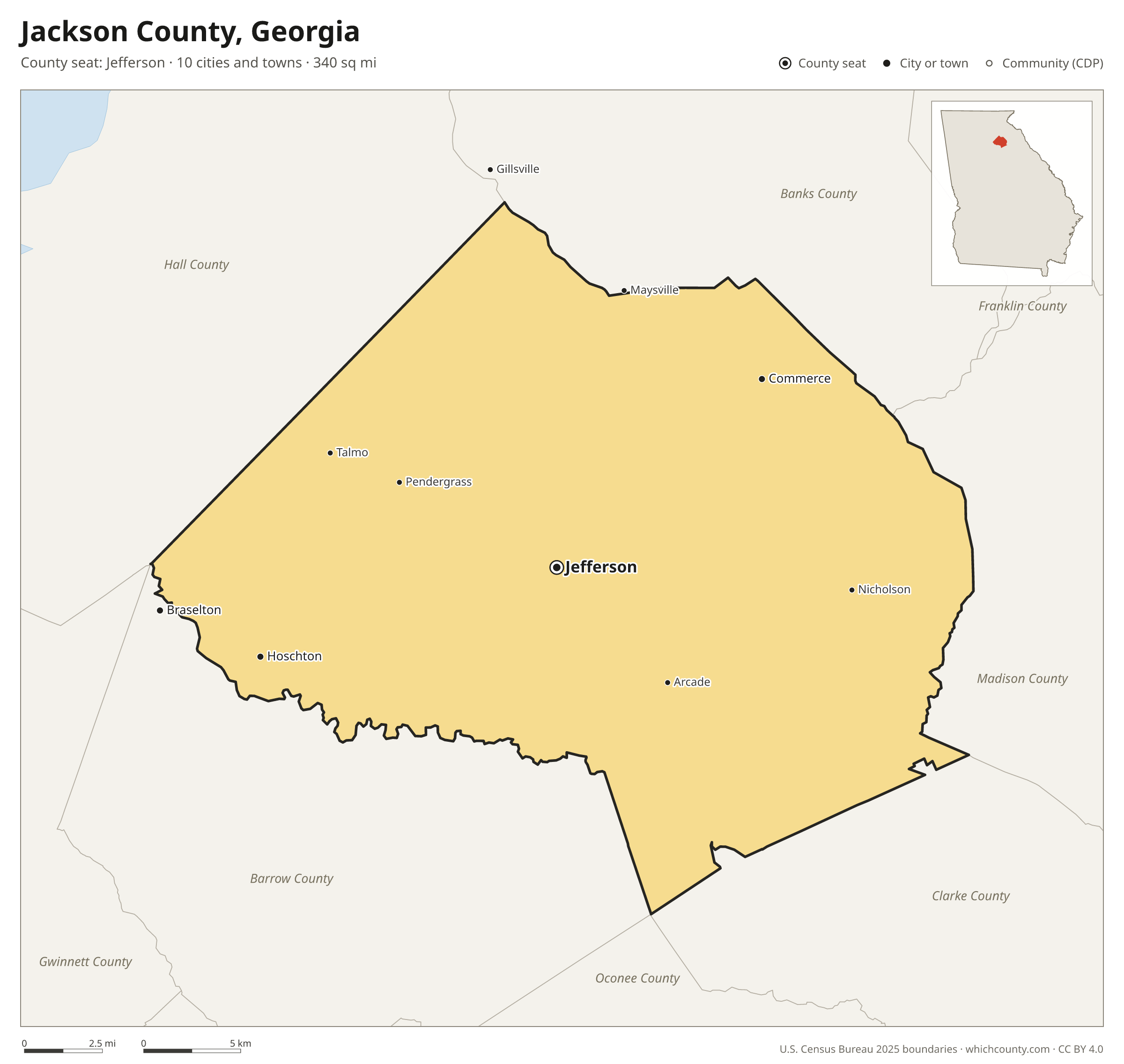 Map of Jackson County, Georgia with cities, towns and the county boundary