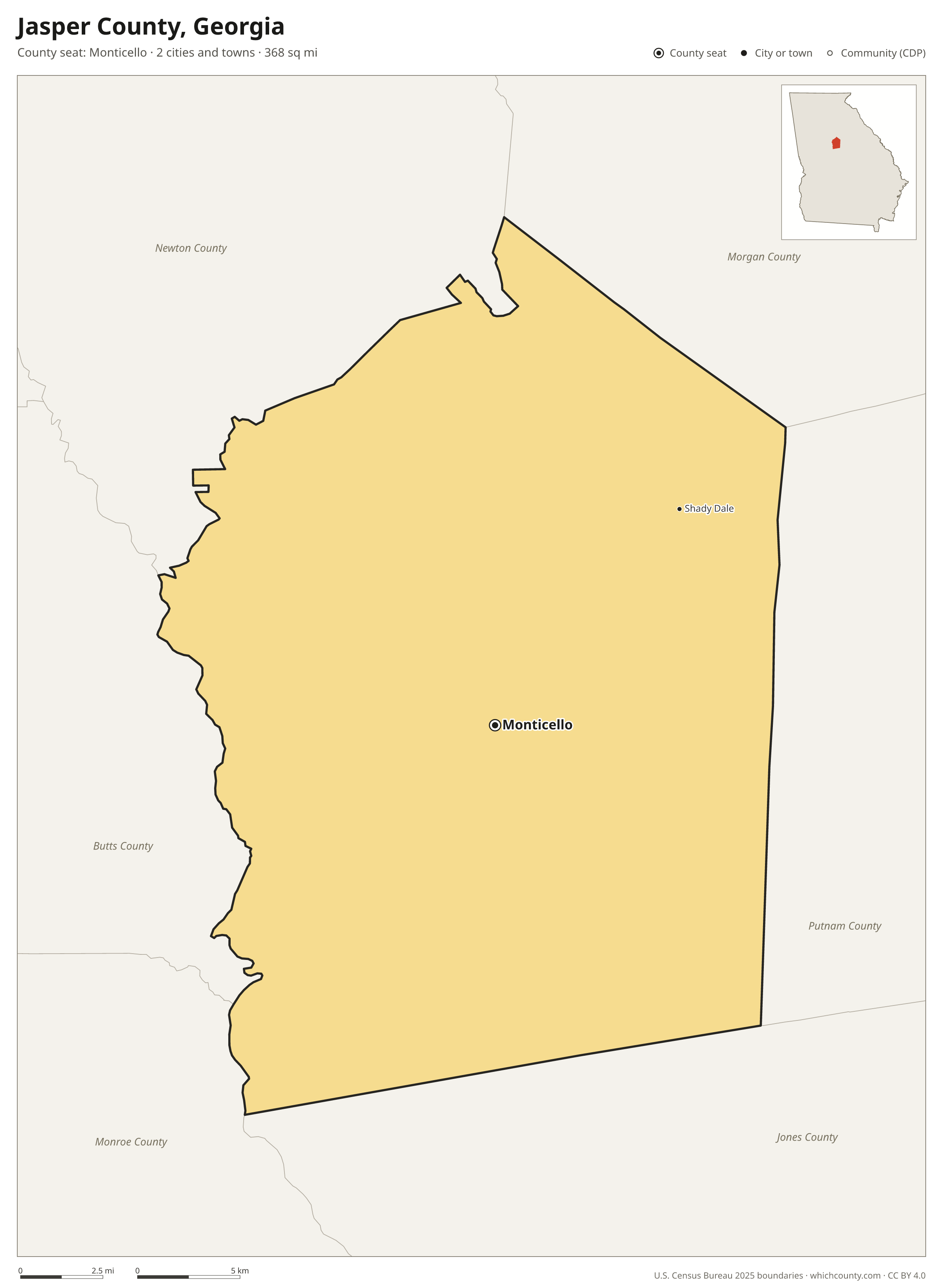 Map of Jasper County, Georgia with cities, towns and the county boundary