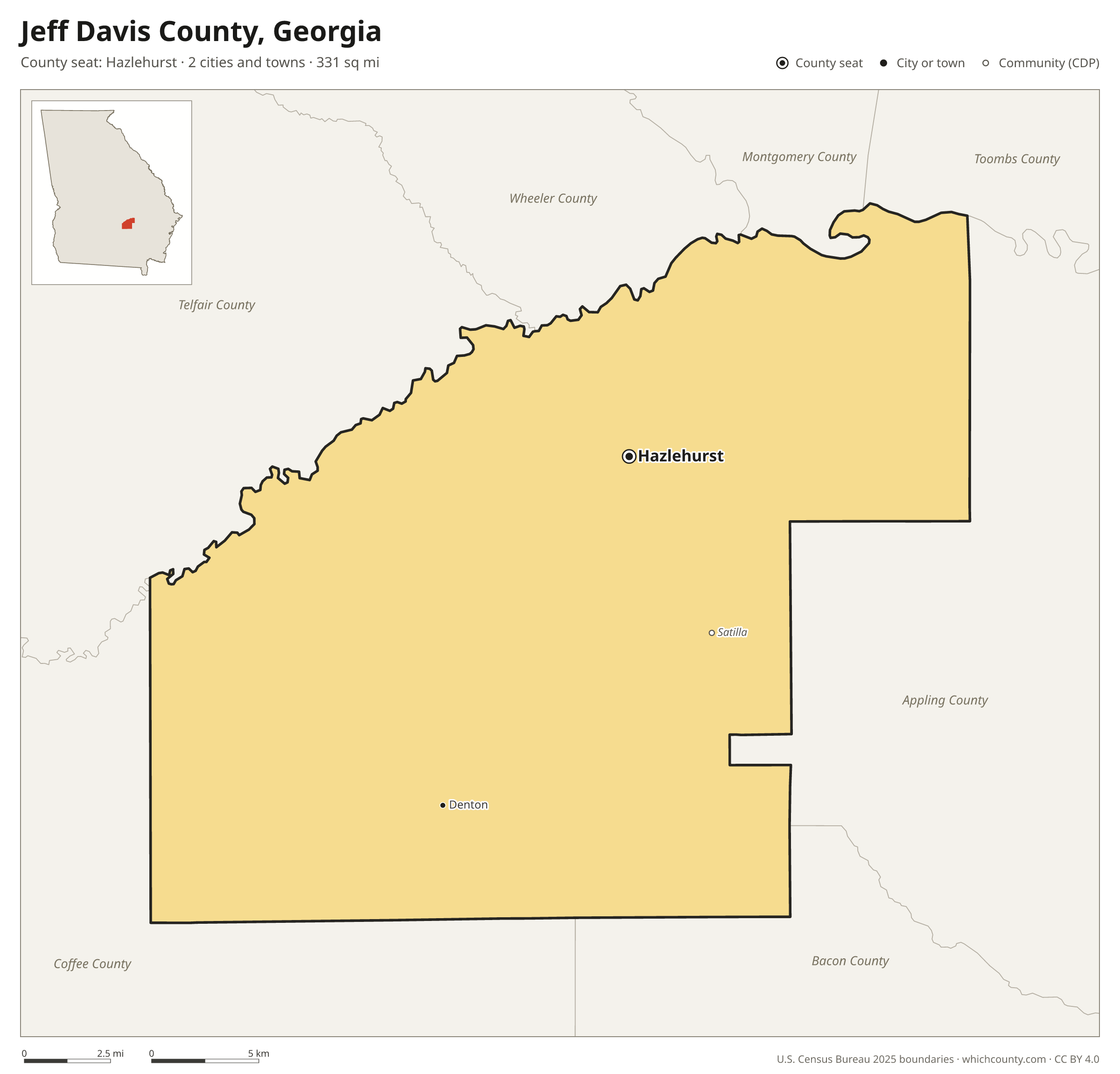 Map of Jeff Davis County, Georgia with cities, towns and the county boundary