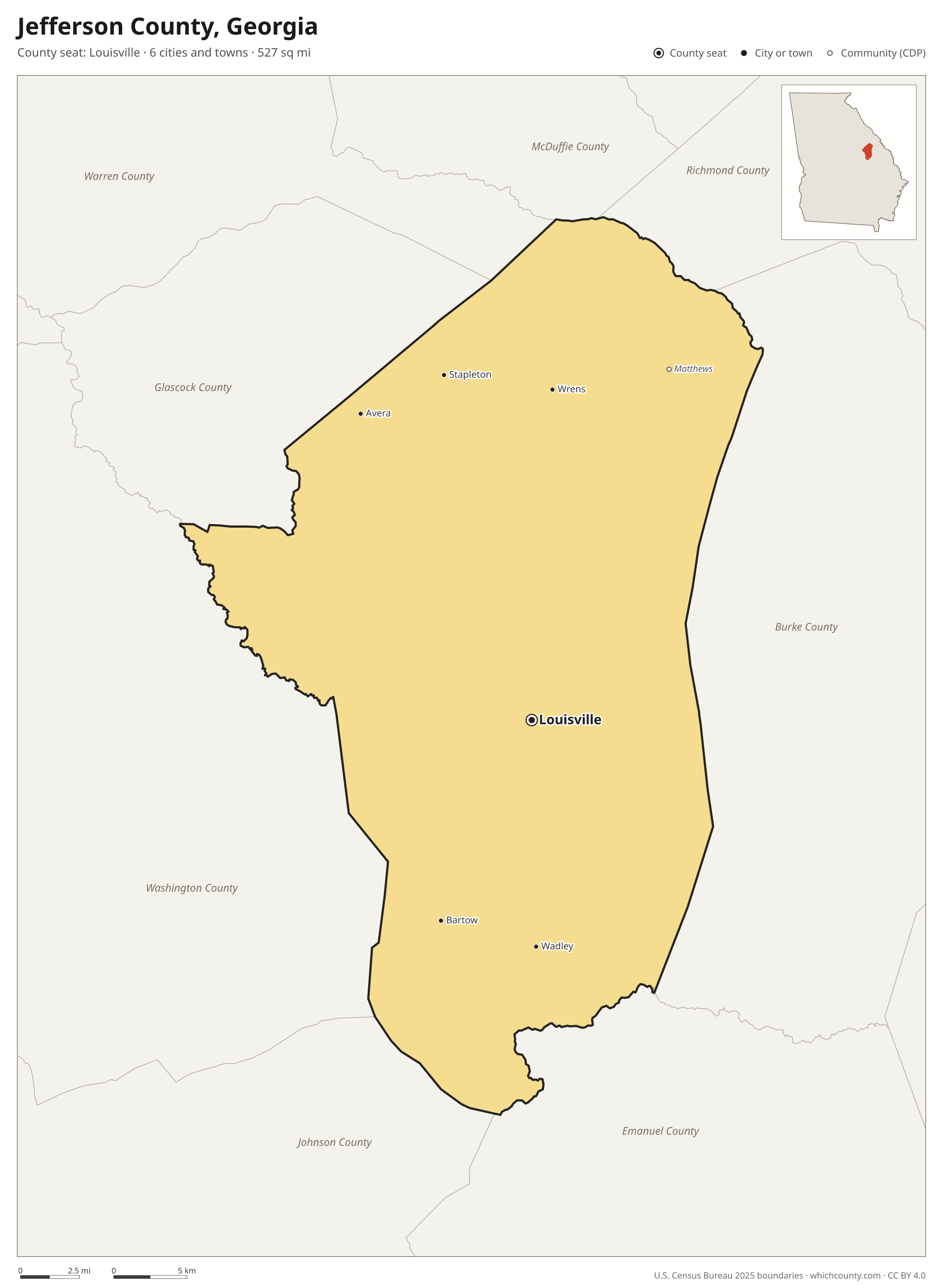 Map of Jefferson County, Georgia with cities, towns and the county boundary