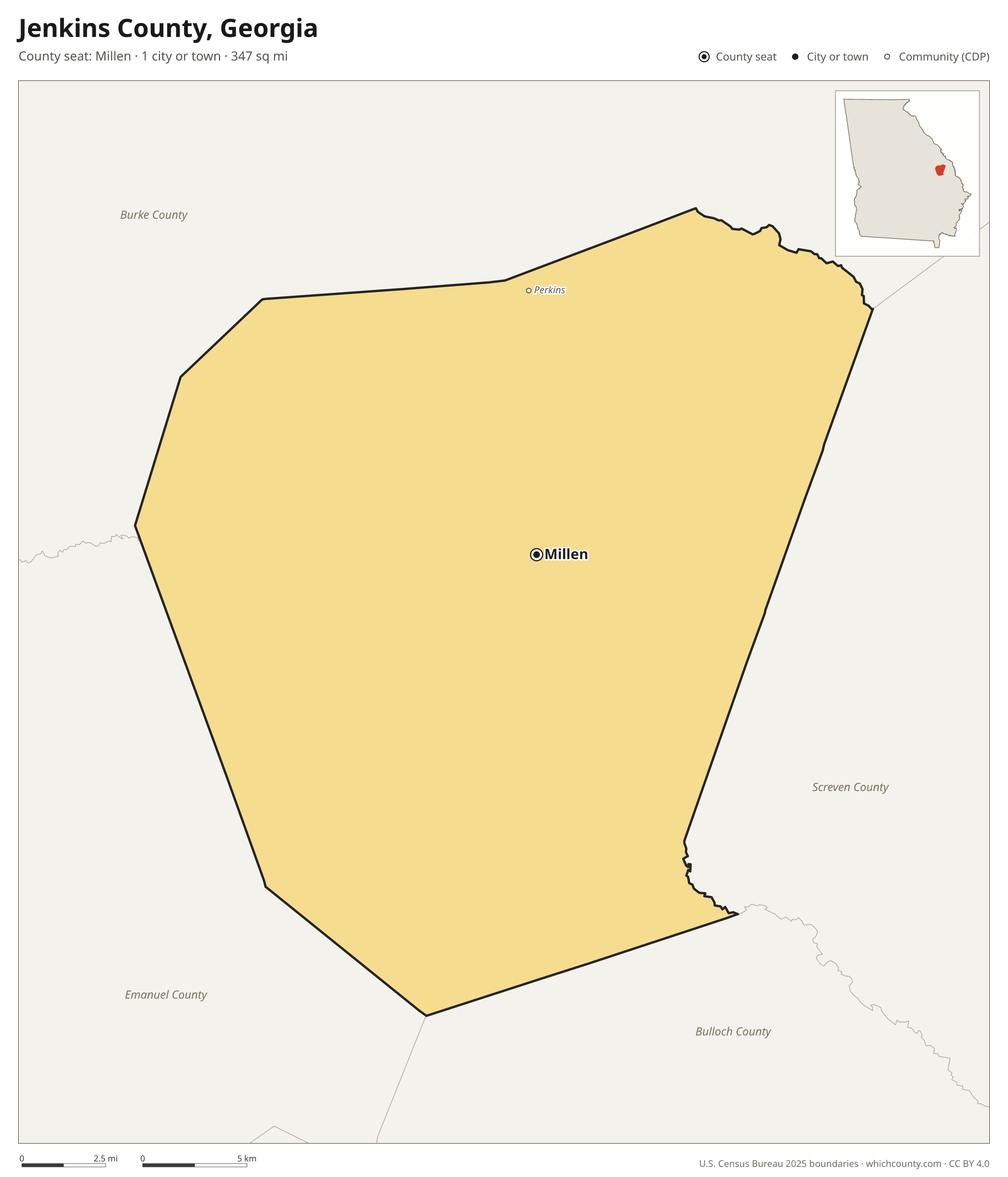 Map of Jenkins County, Georgia with cities, towns and the county boundary