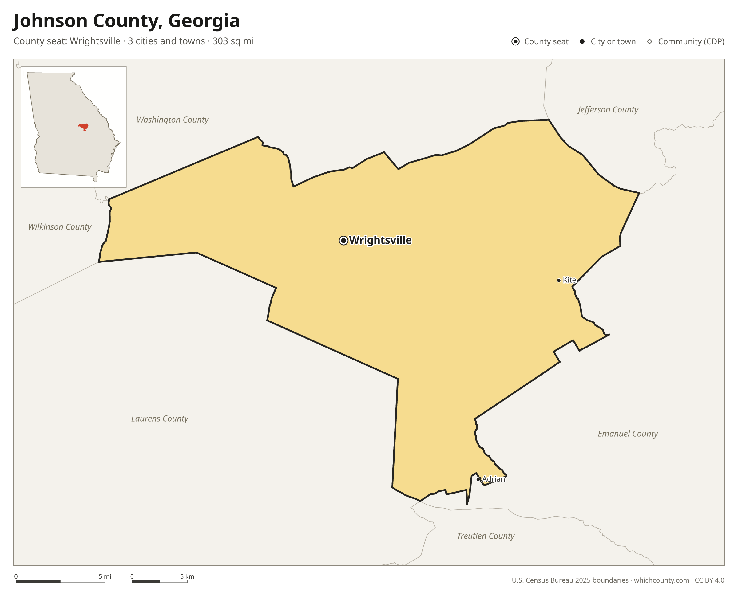 Map of Johnson County, Georgia with cities, towns and the county boundary