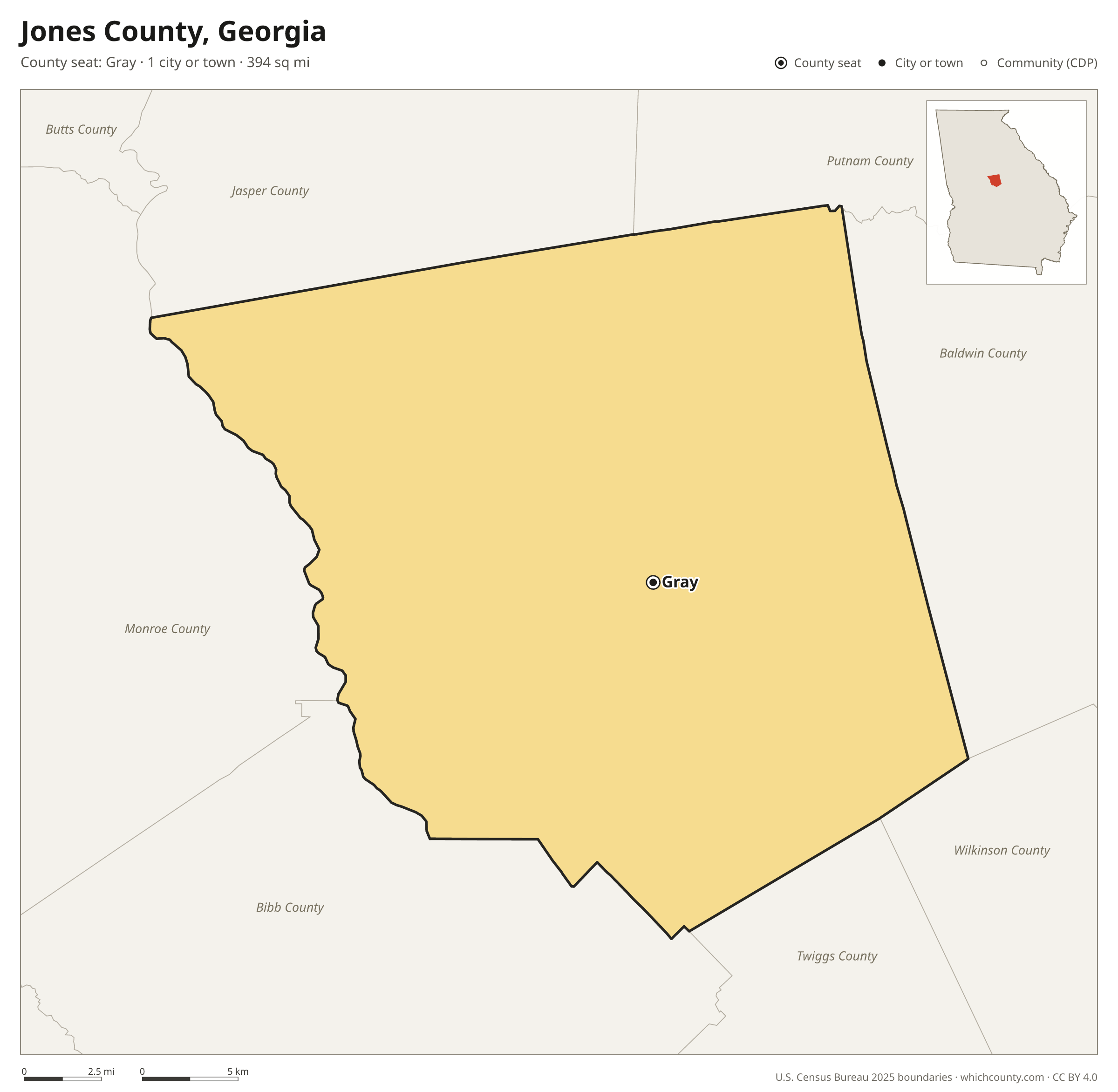 Map of Jones County, Georgia with cities, towns and the county boundary