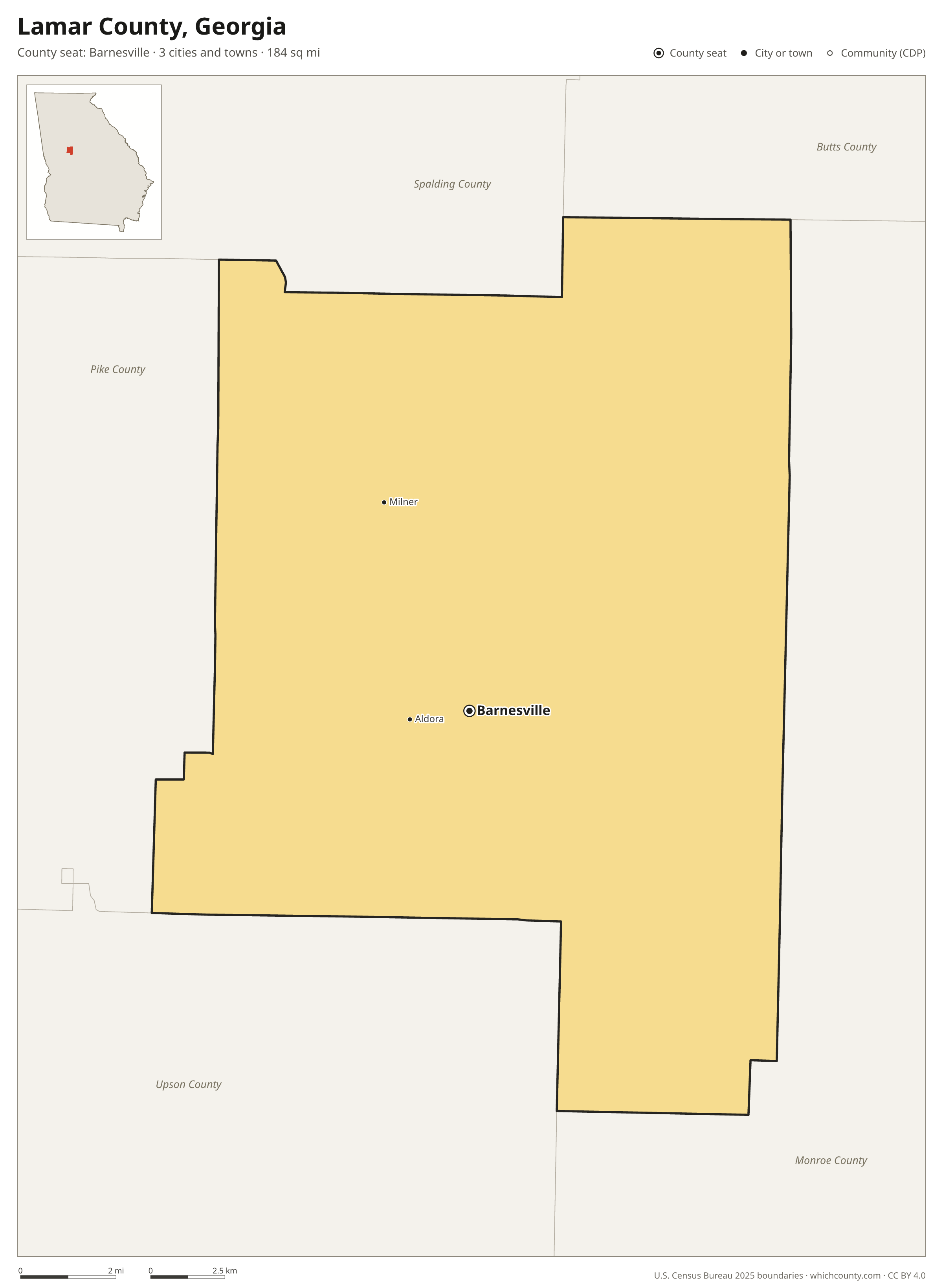Map of Lamar County, Georgia with cities, towns and the county boundary