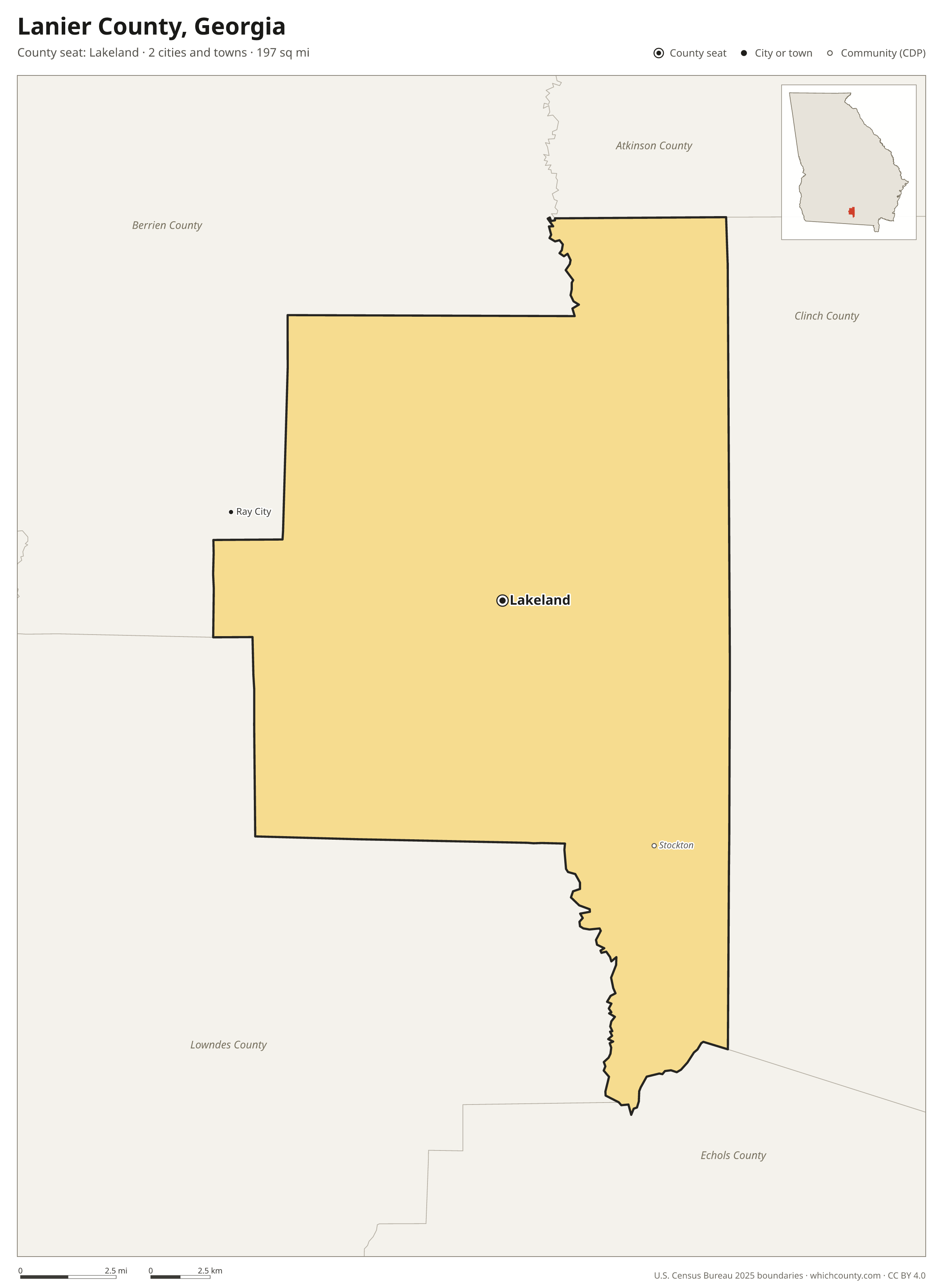 Map of Lanier County, Georgia with cities, towns and the county boundary