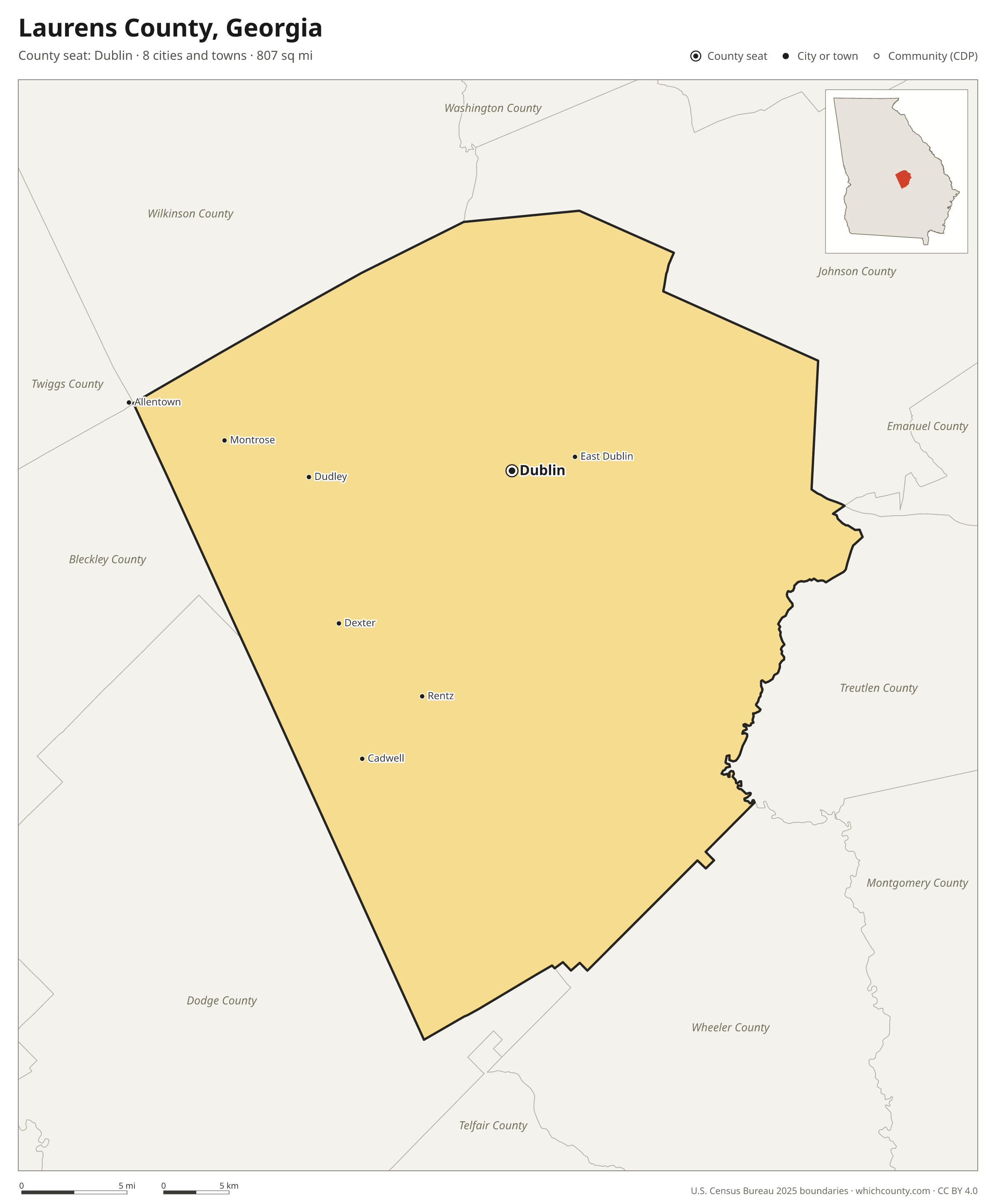 Map of Laurens County, Georgia with cities, towns and the county boundary