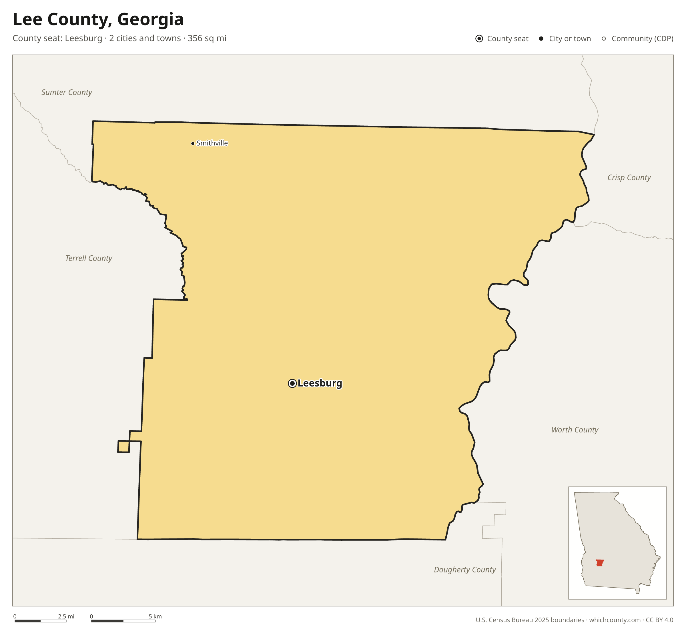 Map of Lee County, Georgia with cities, towns and the county boundary