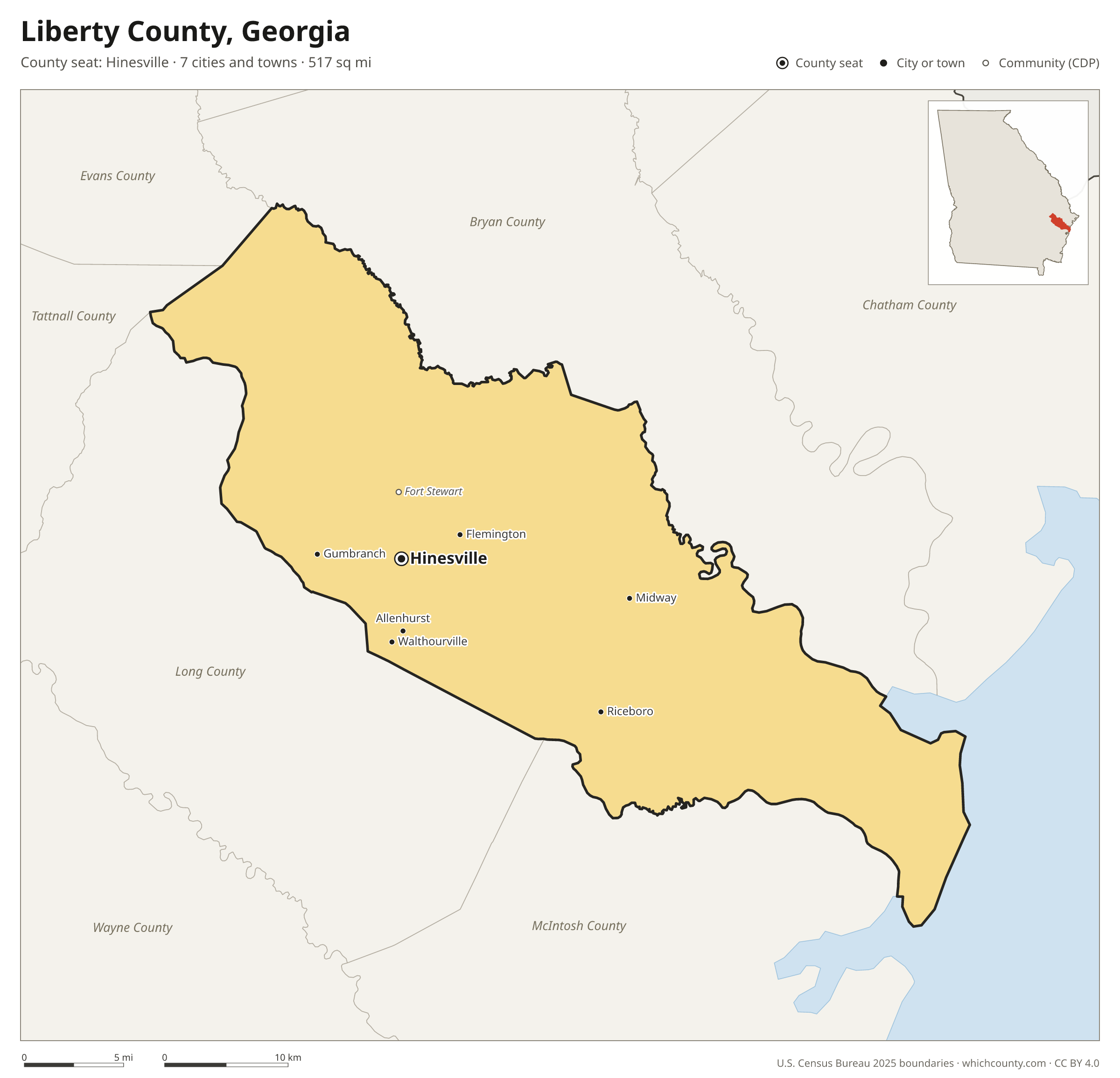Map of Liberty County, Georgia with cities, towns and the county boundary