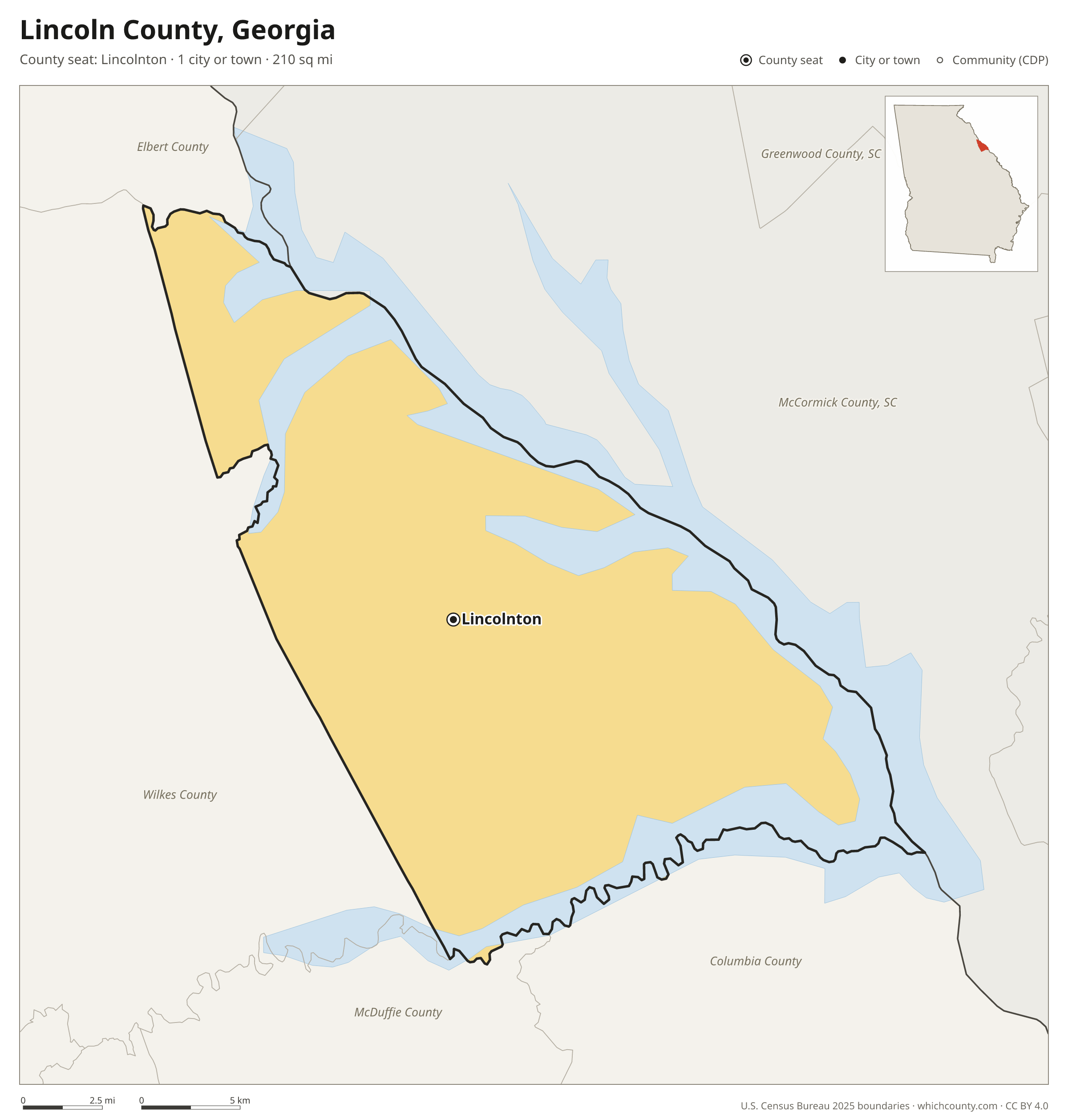 Map of Lincoln County, Georgia with cities, towns and the county boundary