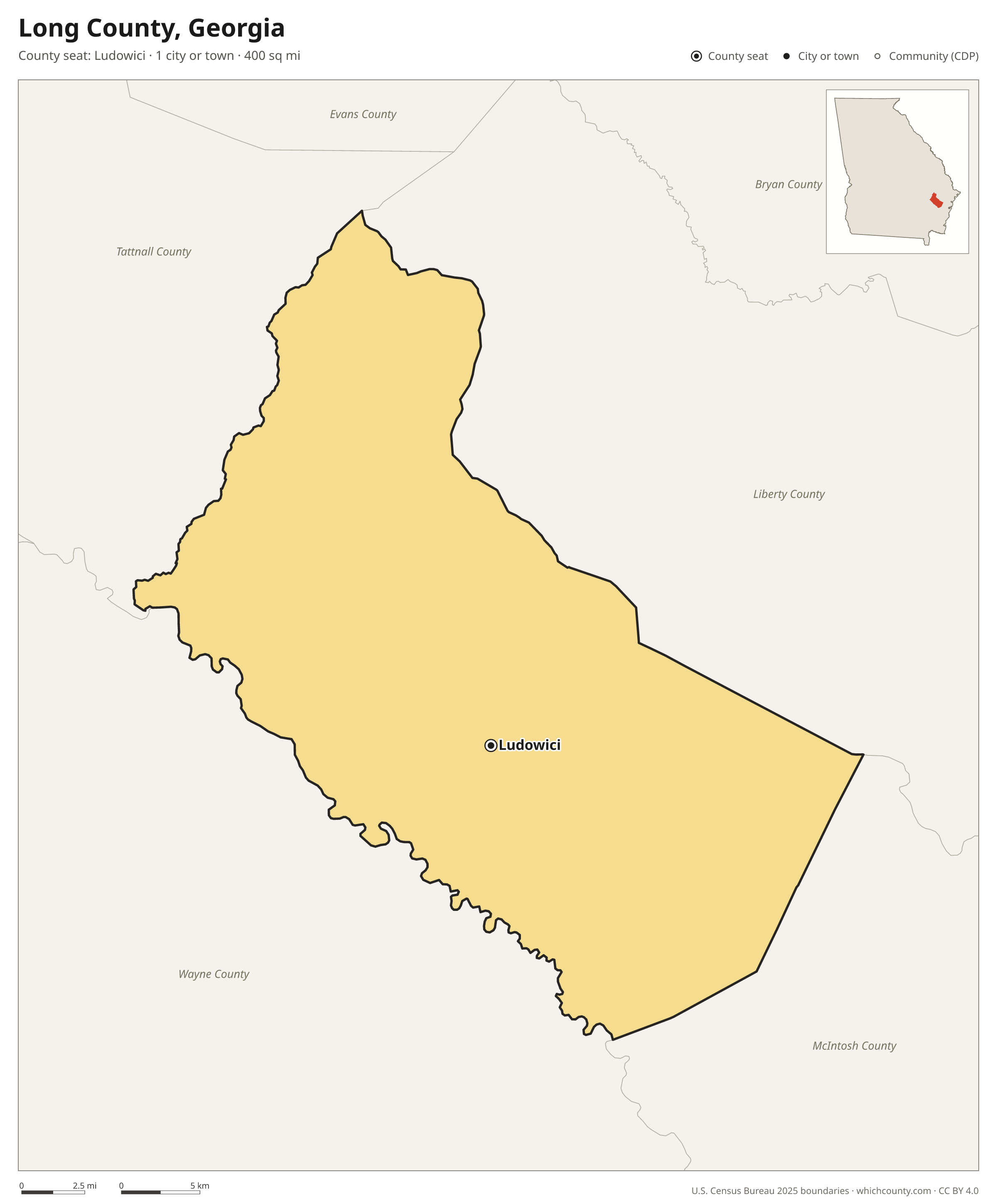 Map of Long County, Georgia with cities, towns and the county boundary