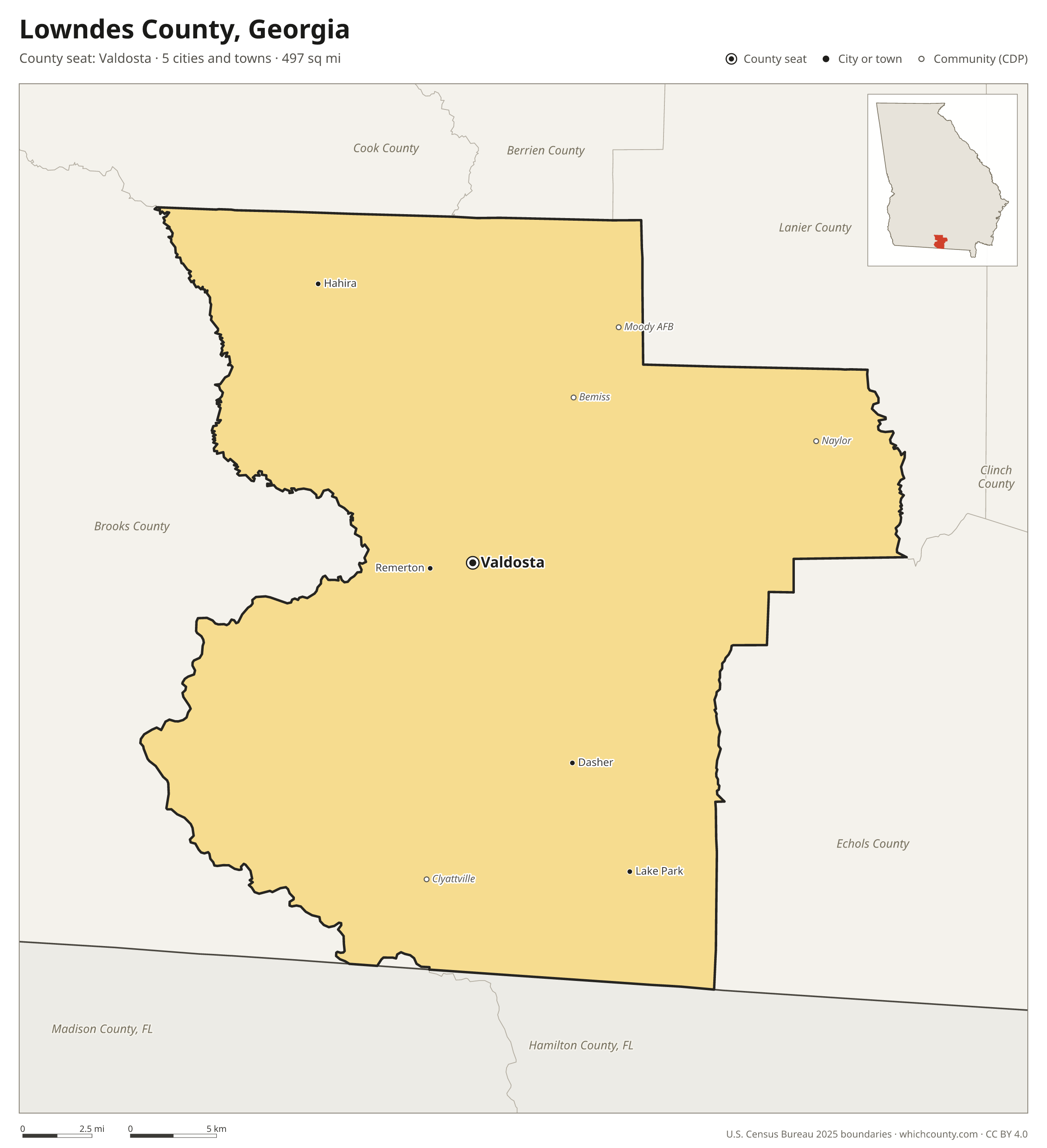 Map of Lowndes County, Georgia with cities, towns and the county boundary