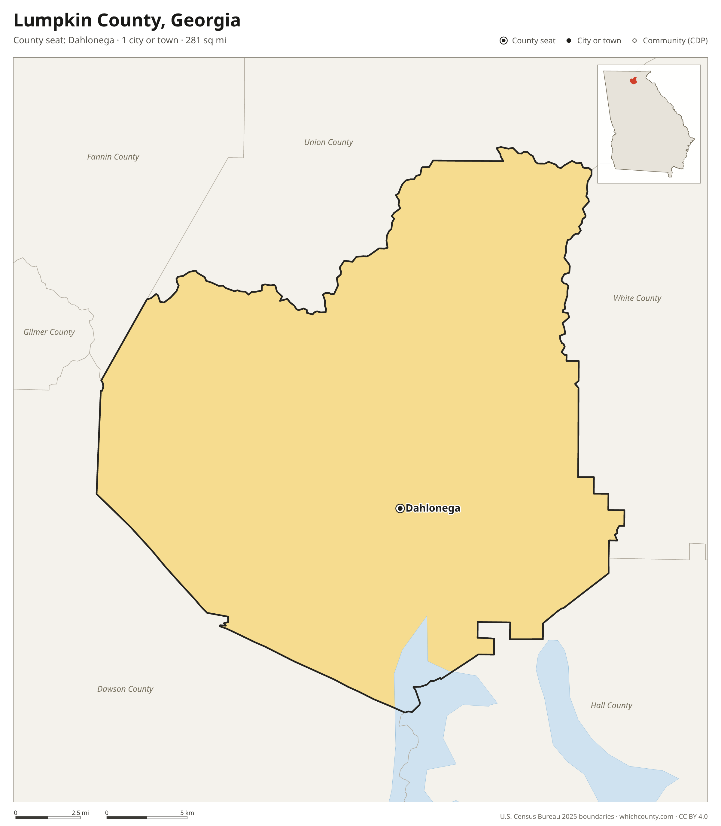 Map of Lumpkin County, Georgia with cities, towns and the county boundary