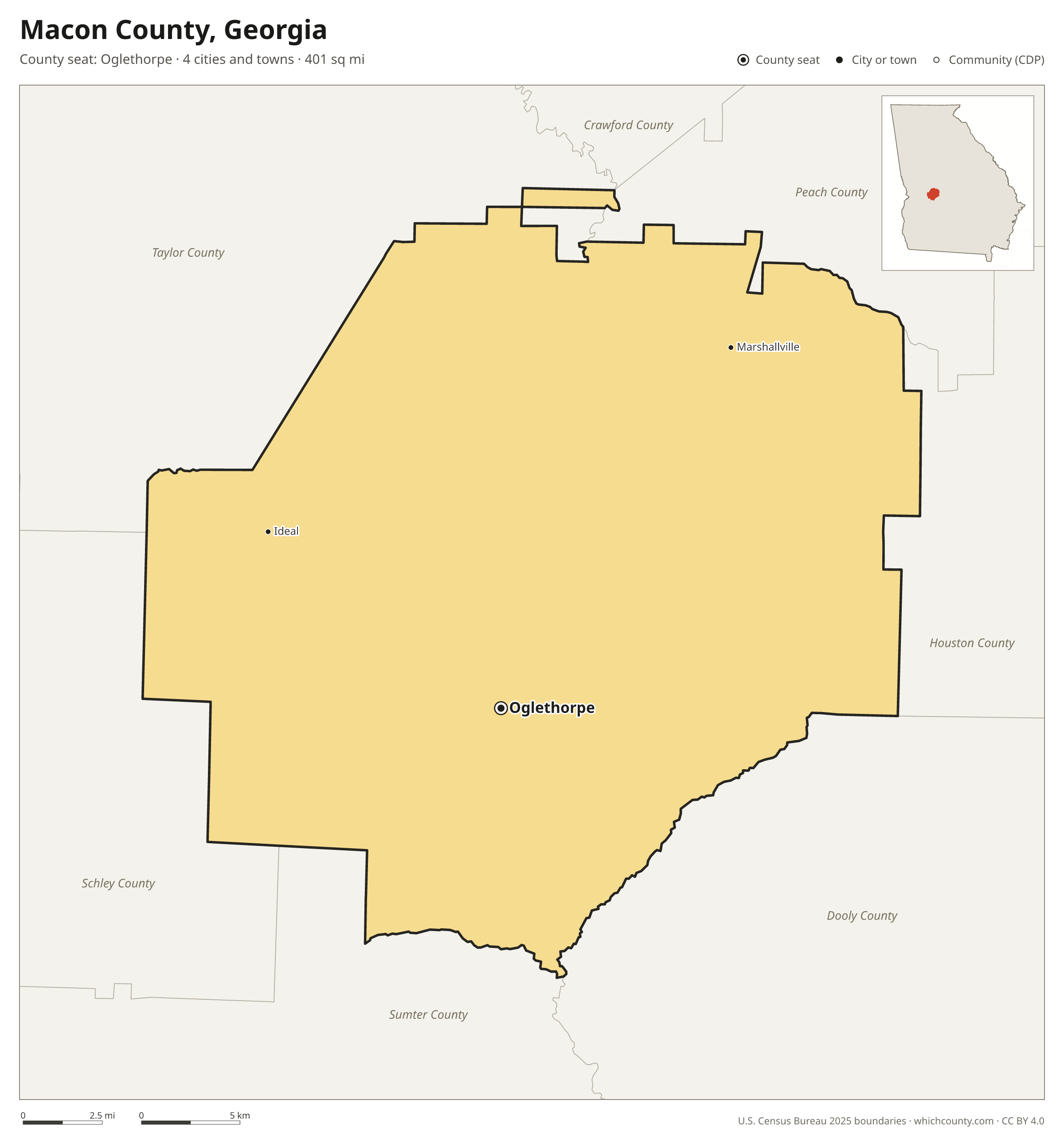 Map of Macon County, Georgia with cities, towns and the county boundary