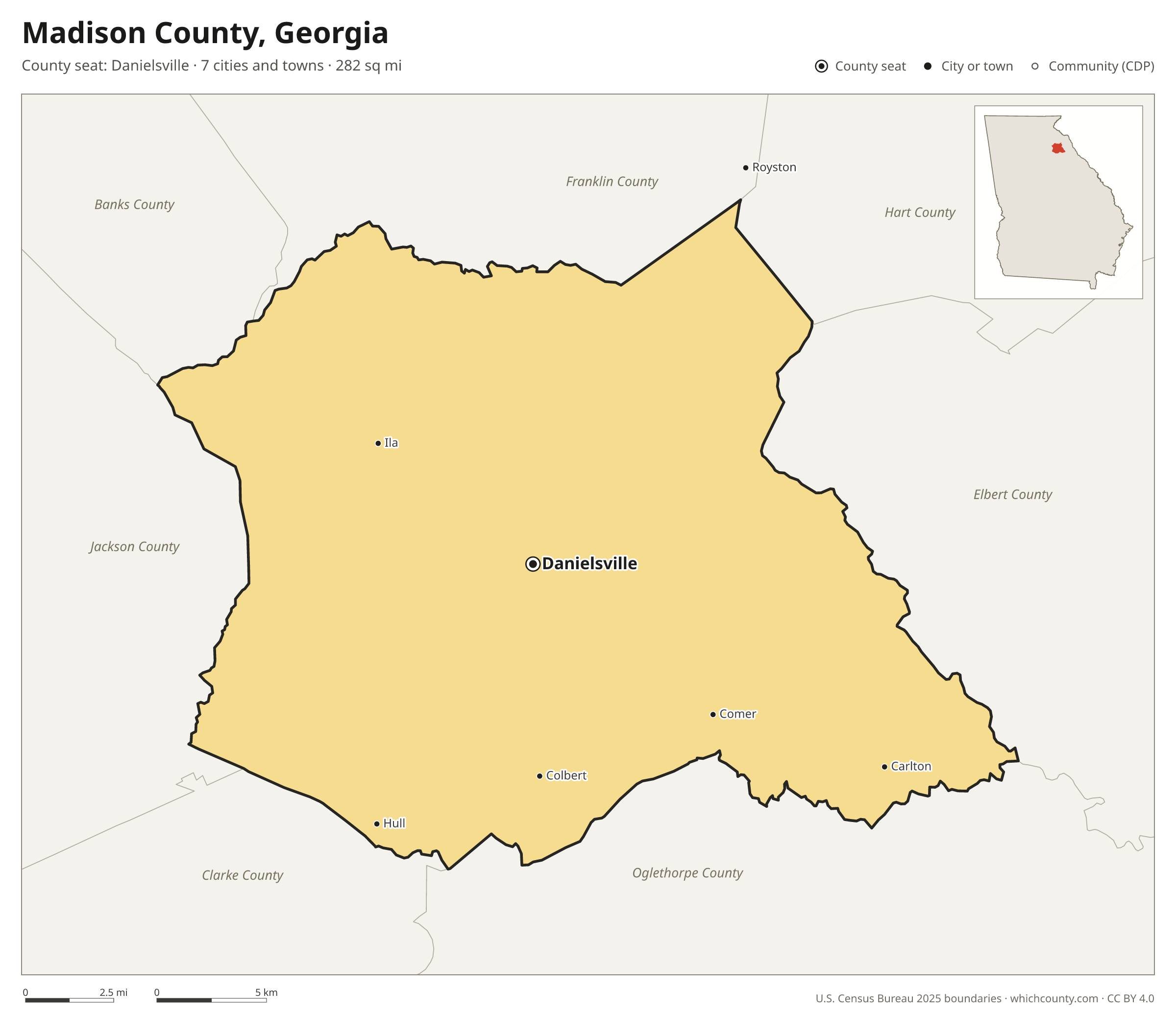 Map of Madison County, Georgia with cities, towns and the county boundary