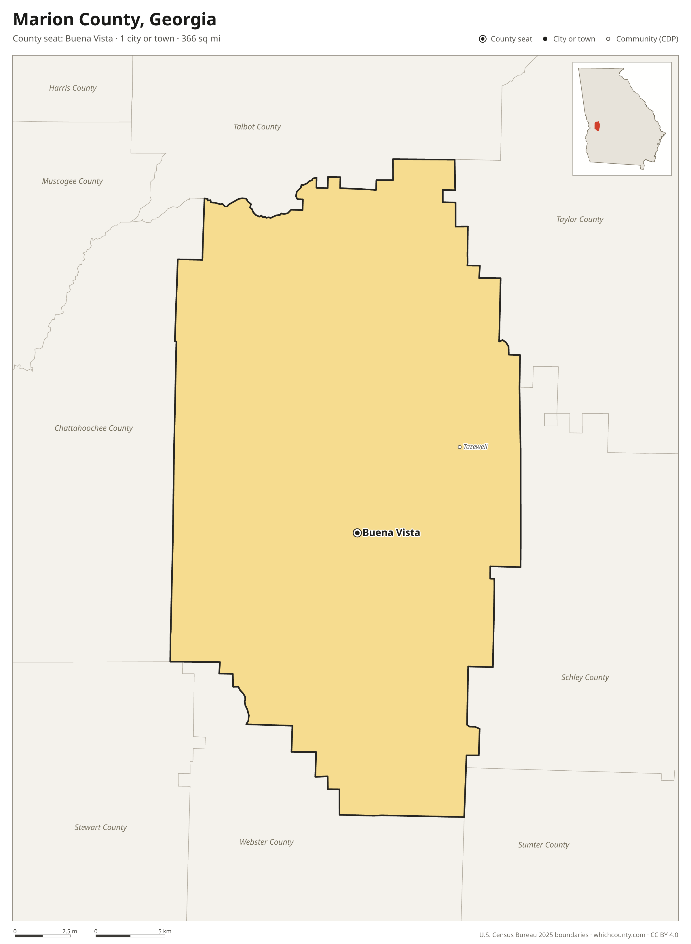 Map of Marion County, Georgia with cities, towns and the county boundary
