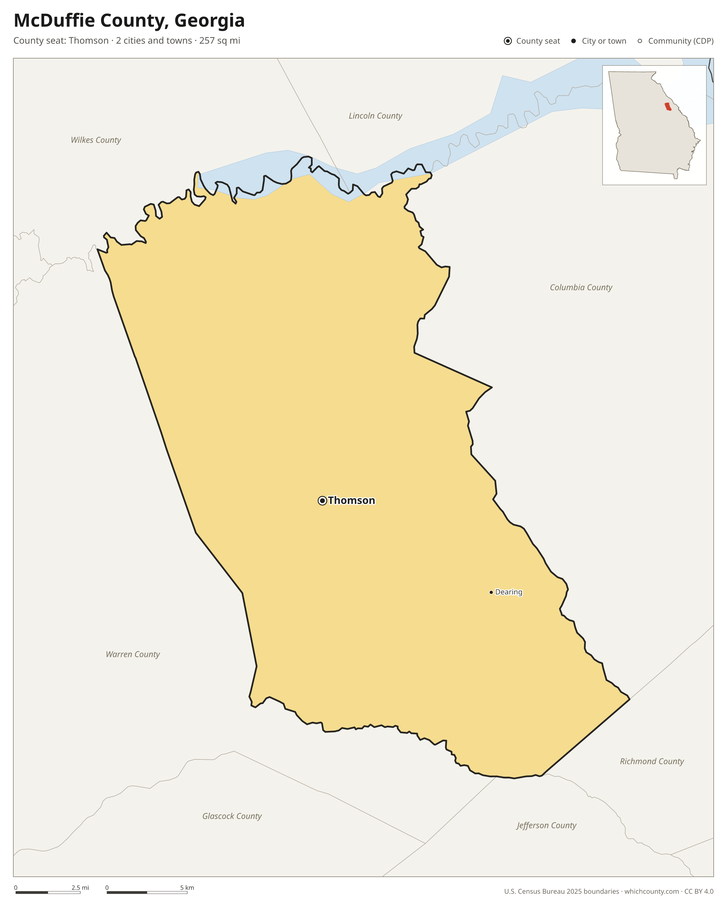 Map of McDuffie County, Georgia with cities, towns and the county boundary