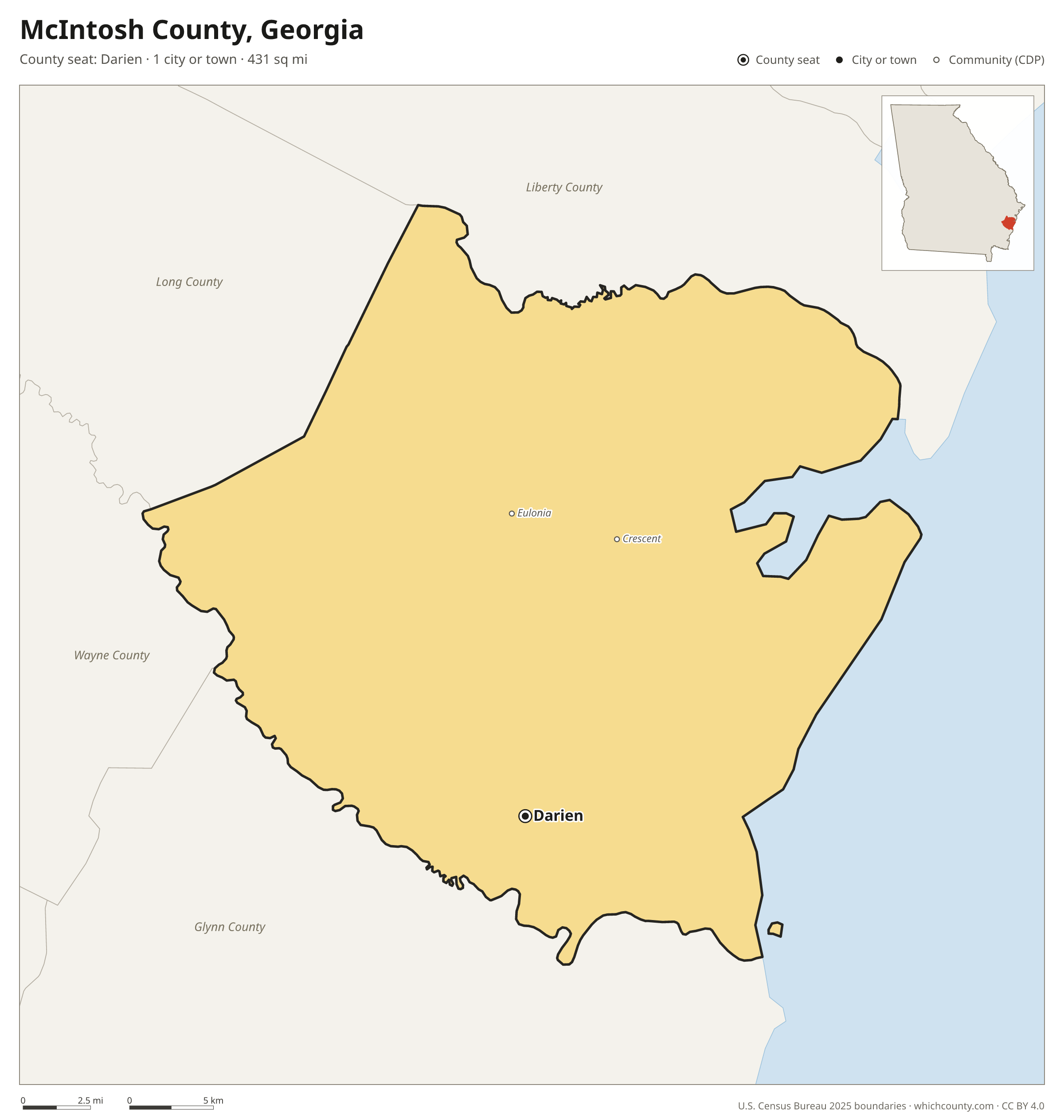 Map of McIntosh County, Georgia with cities, towns and the county boundary