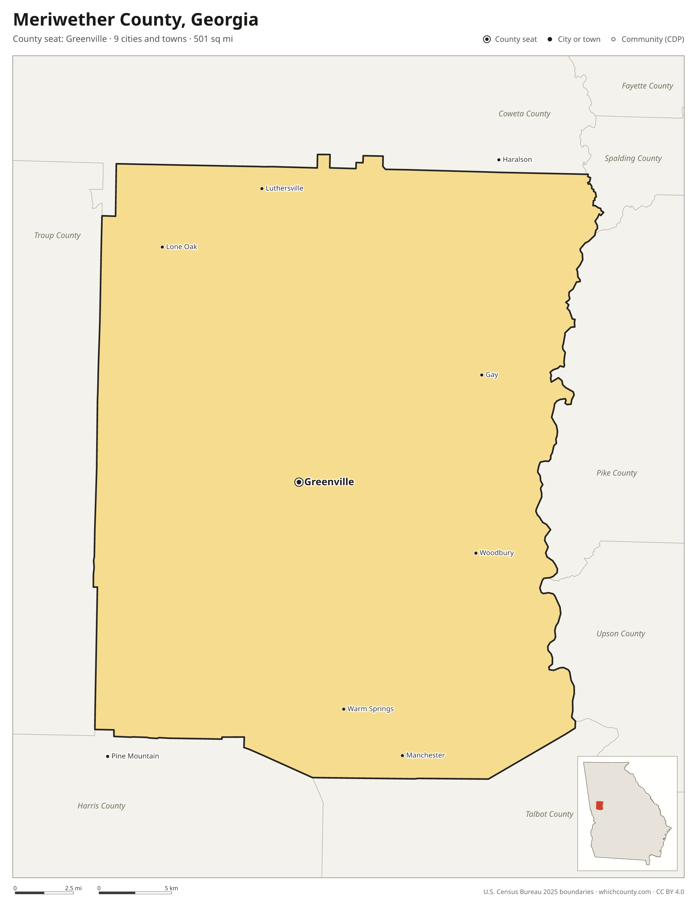 Map of Meriwether County, Georgia with cities, towns and the county boundary